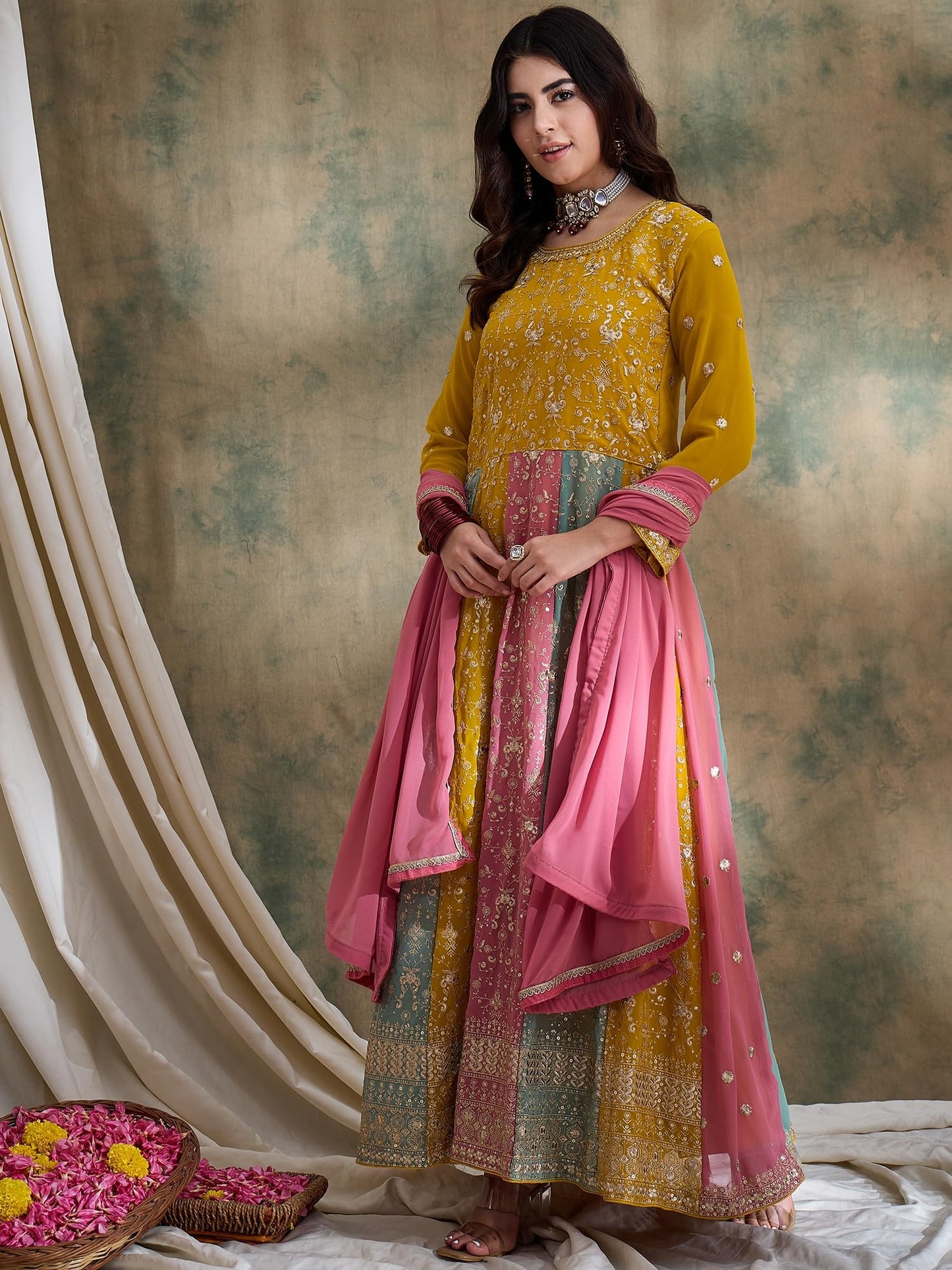 Miss Ethnik Women's Yellow Faux Georgette Stitched Top with Dupatta Full Sleeve Embroidered Anarkali Gown (MEY-1183-Yellow-S)