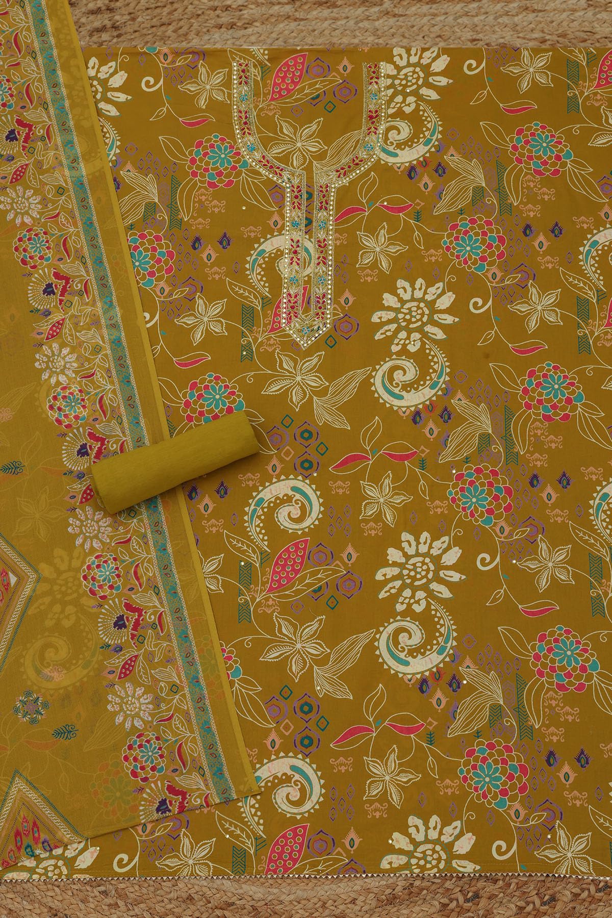 Soch Womens Mustard Cotton Floral Dress Material With Beads
