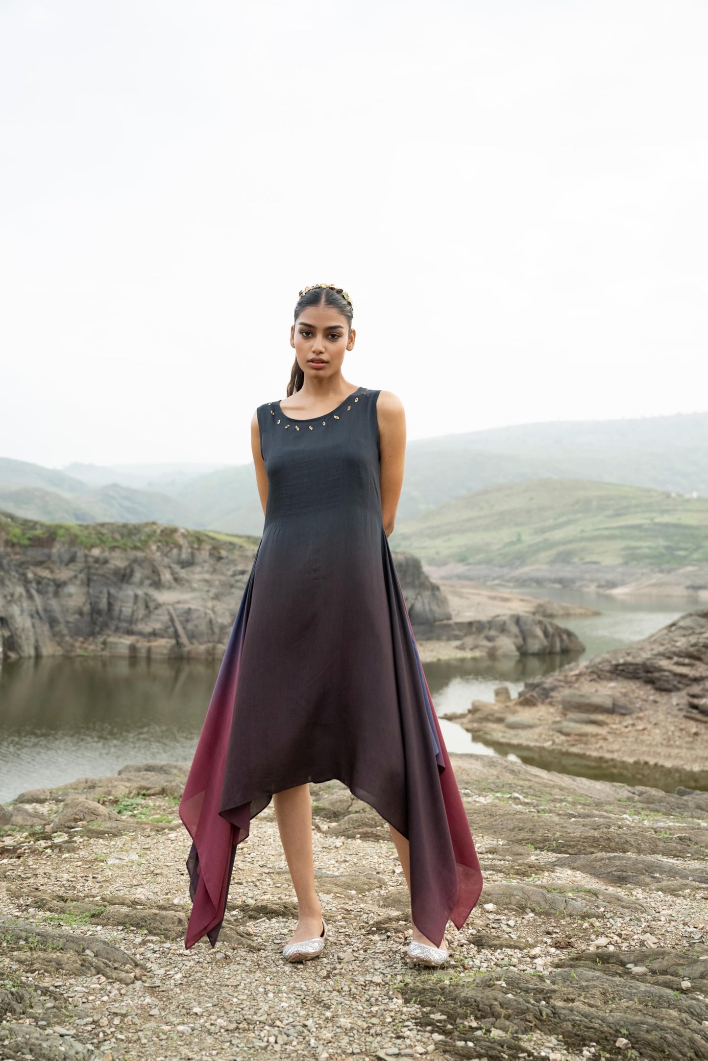 MIORAH Artisanal Ethnic Dress for Women & Girls,Muslin Modal Regular Fit One Piece Dress for Women’s, Sleeveless Round Neck Midi Dress with Hand Embroidery and Metal Sequins (Colour- Ombre, Size- 3XL)