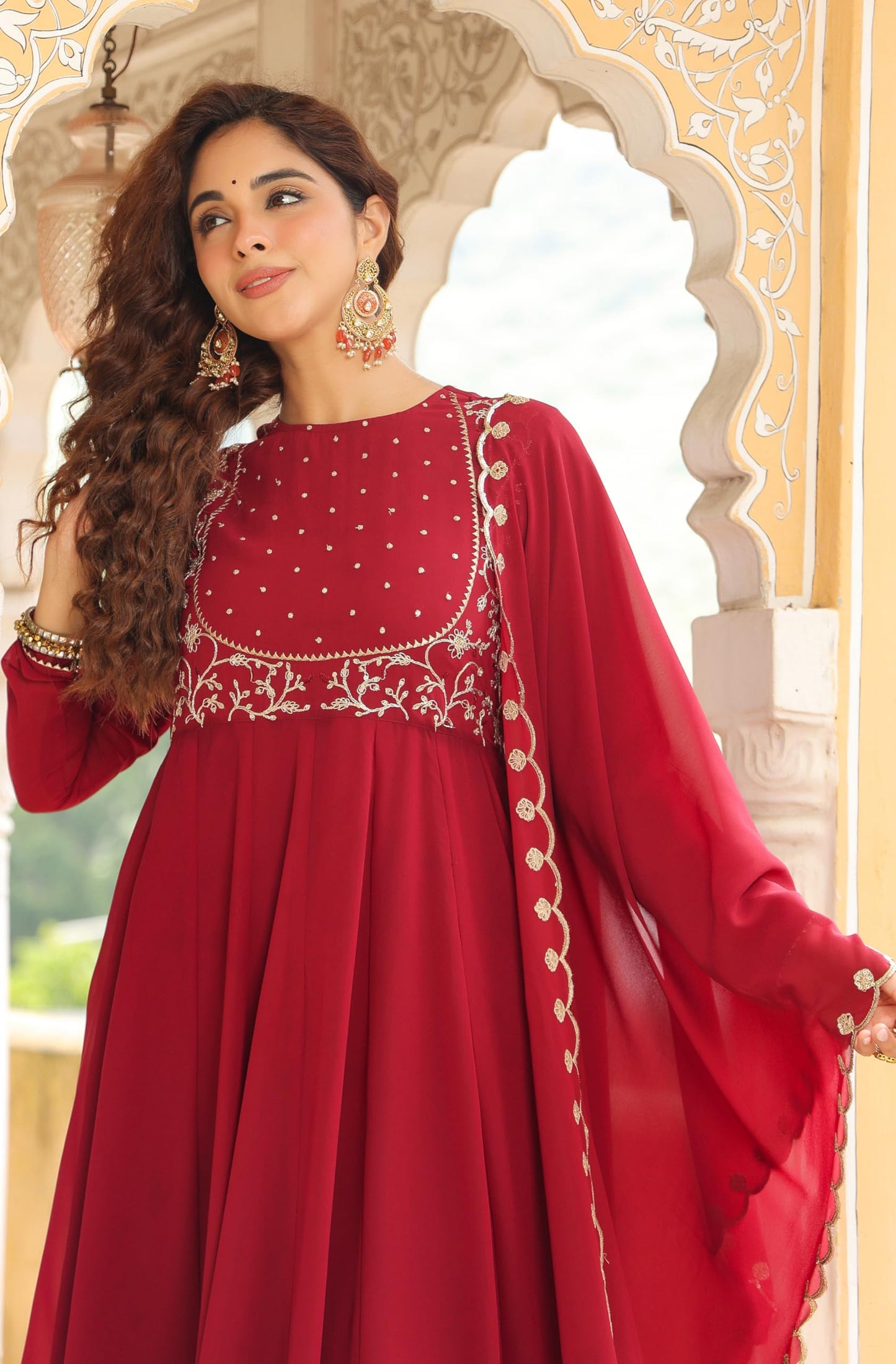 Janasya Maroon Embroidered Kurta with Palazzo & Dupatta for Women Georgette Fabric Latest Fashion