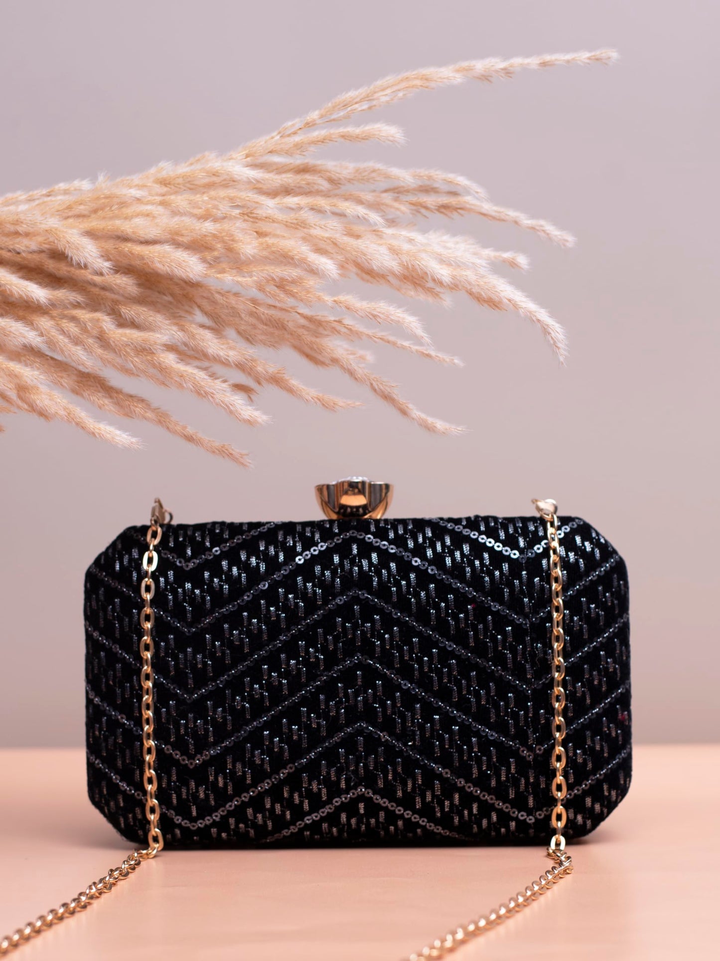 Artklim Black Based Sequins Embroidery Fabric Clutch Bag For Women With Detachable Chain