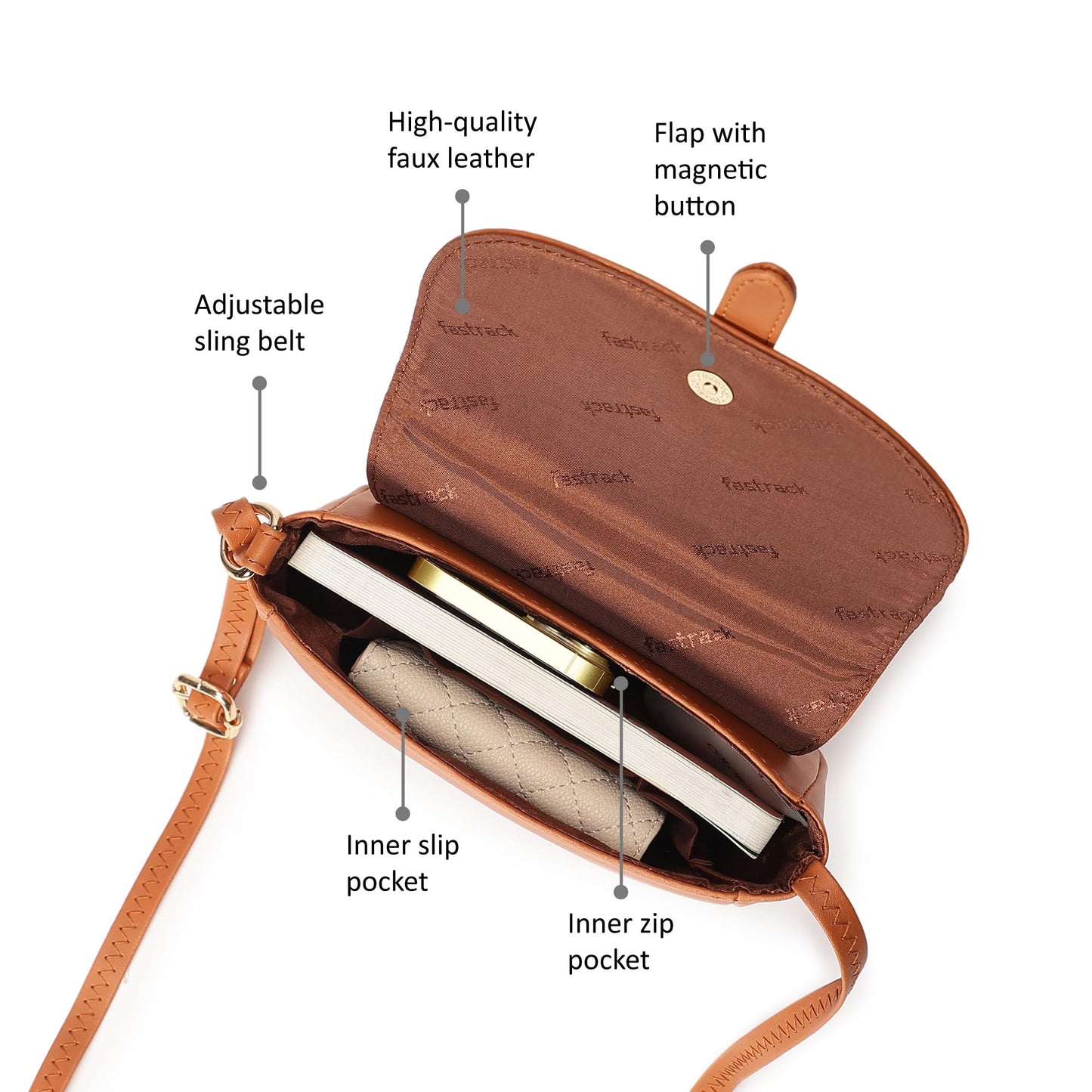 Fastrack Solid Sling Bag For Women, Girls and Ladies| with Non-Detachable Sling Strap | Durable PU Construction, Tan