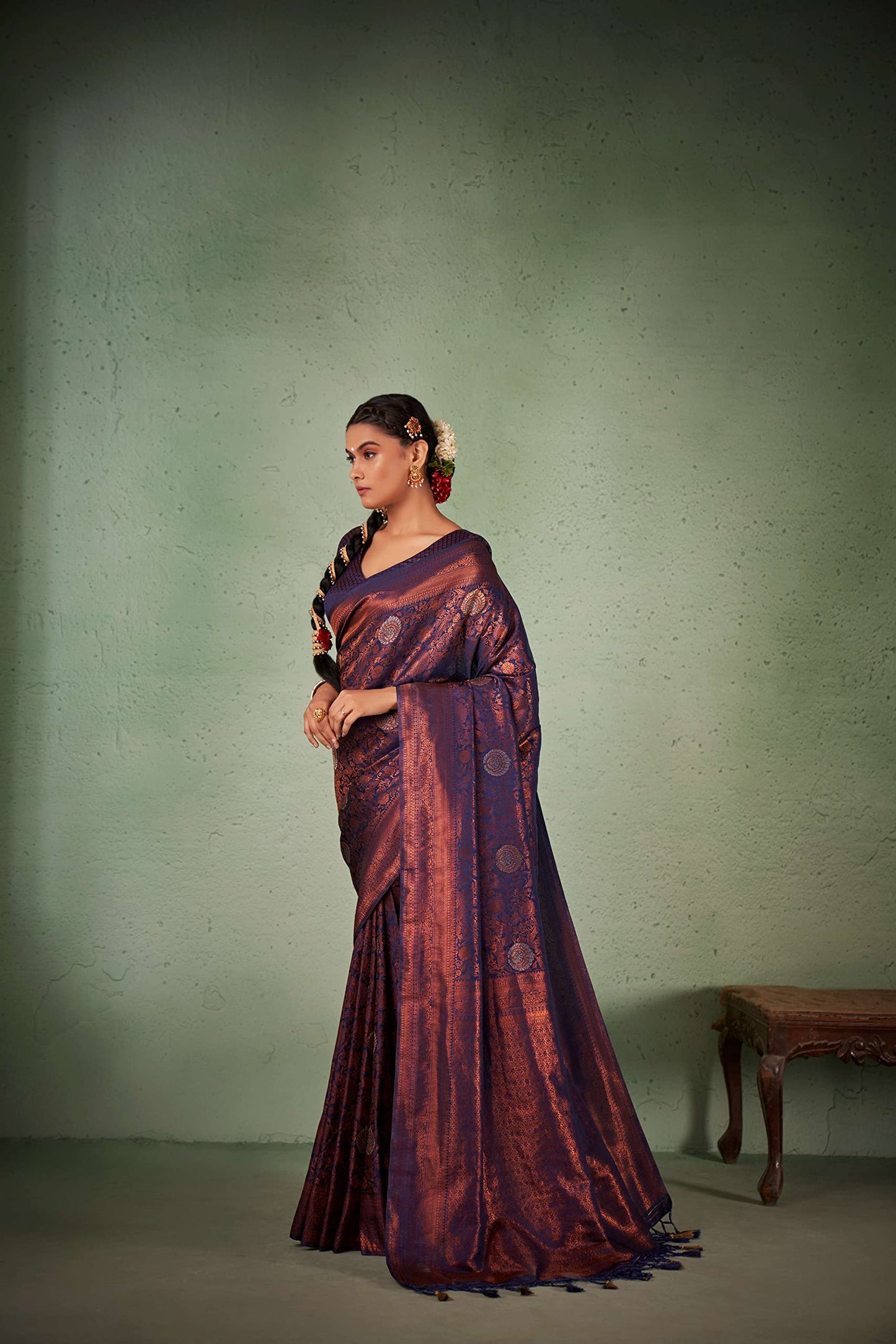 Vardha Women's Kanjivaram Art Silk Saree, Zari Woven, Copper, Unstitched Blouse - Navy Blue, Blue Sari Anvaya, 551