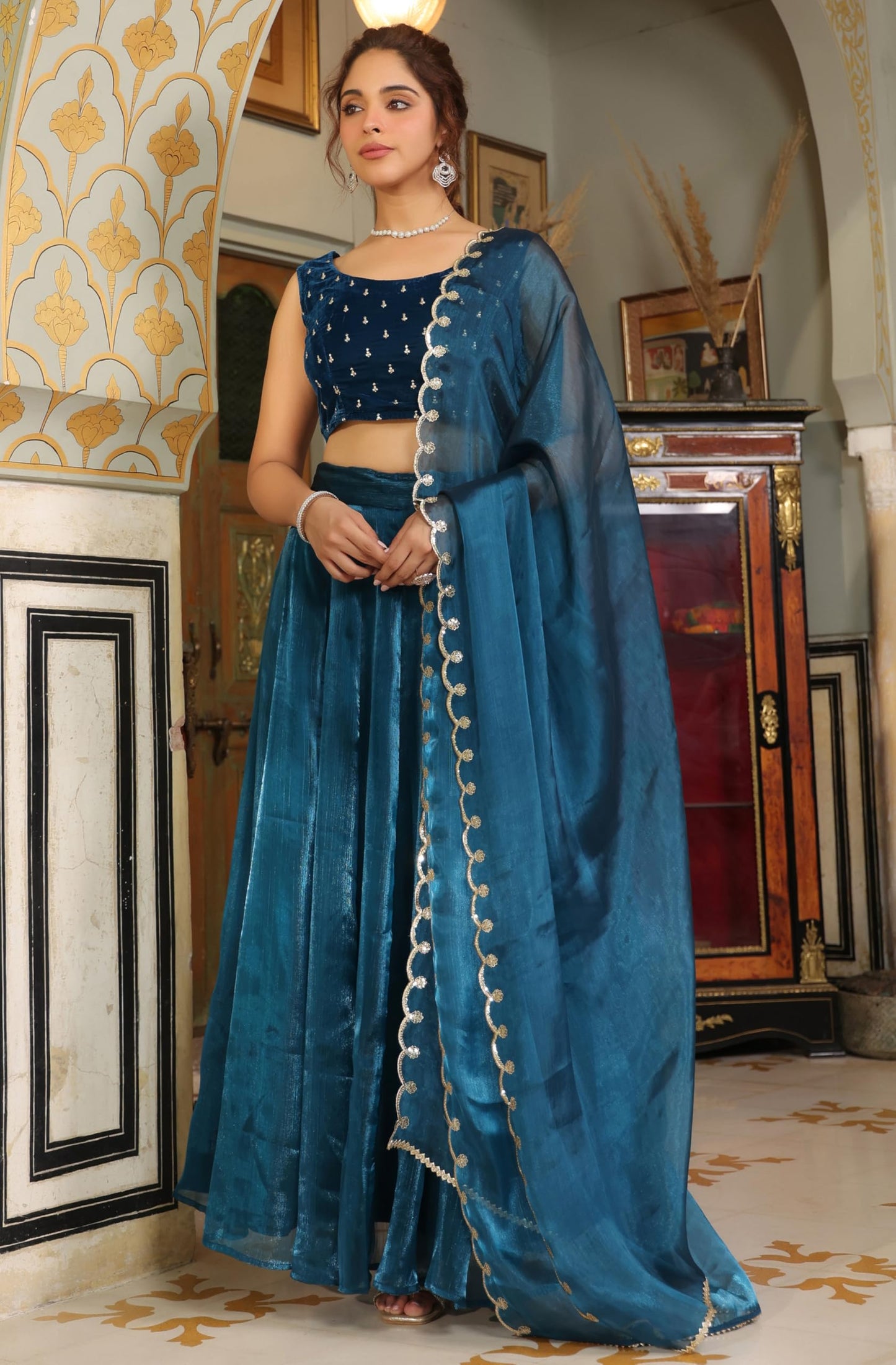 Janasya Women's Teal Blue Organza Zari Embroidered Pleated Ready To Wear Readymade Lehenga Choli Set (JAB24LC00469-XL)