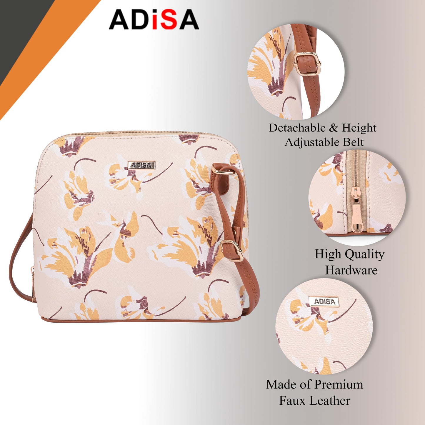 ADISA Women Girls Floral Print Faux Leather Sling Bag Crossbody (Off White)