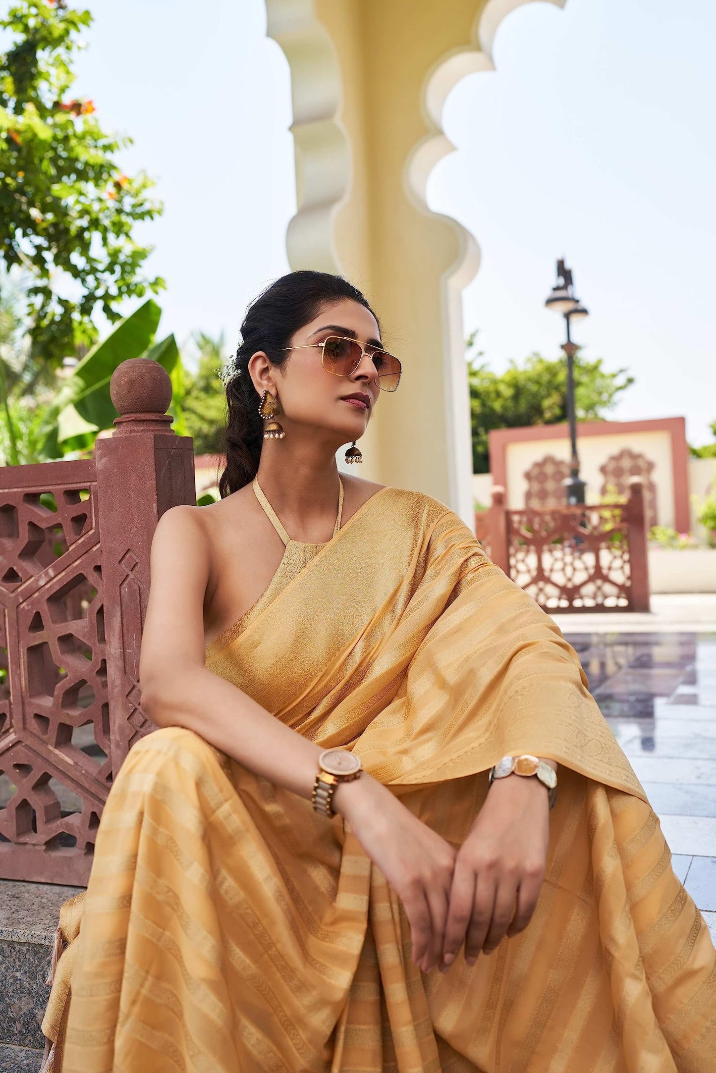 Women Banarasi Georgette Woven Work Half & Half Saree For Women With Gold Zari Border & Unstitched Blouse Piece, Vritika