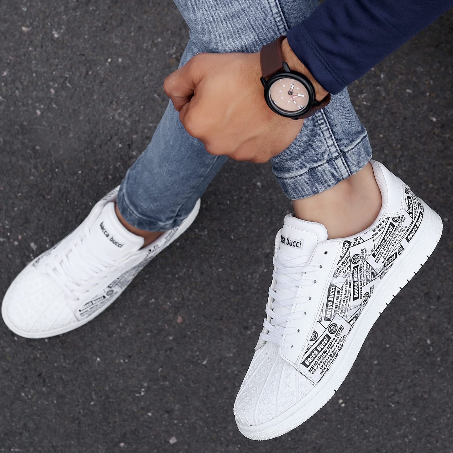 Bacca Bucci Mens Distinct Low-Top Flat White Sneakers Or Casual Shoe With Memory Cushion Footbed For All Day Wear | Model Name: Raven- White, Size Uk7