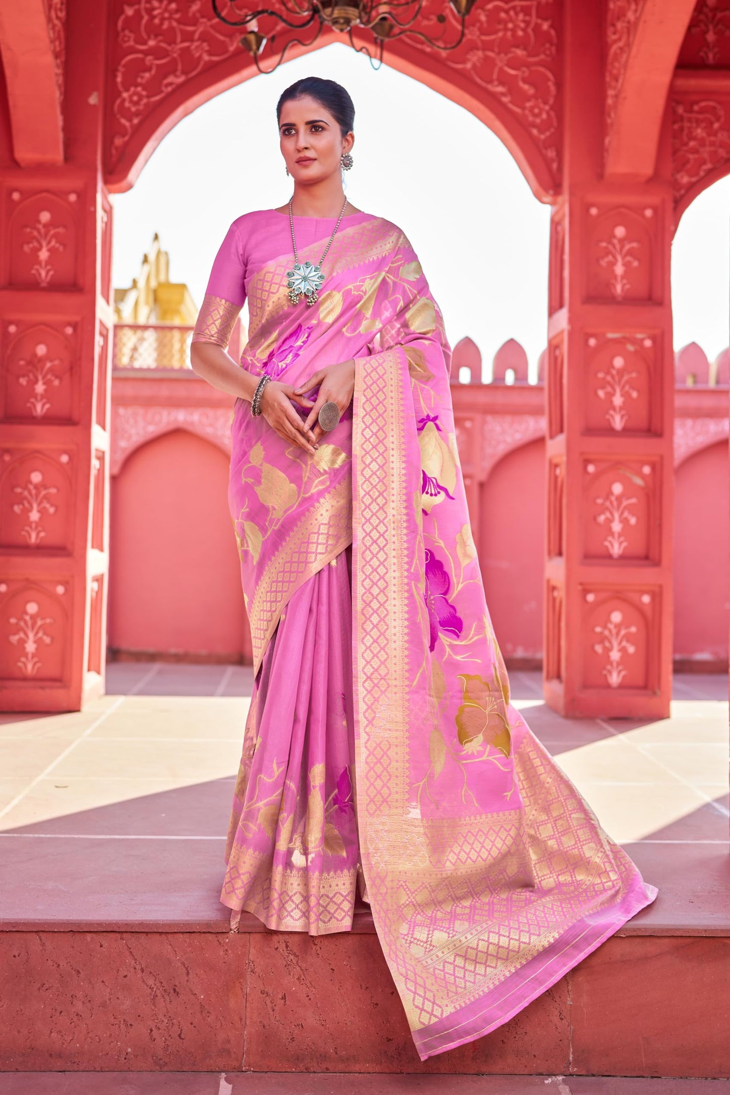 SWORNOF Womens Kanjivaram Banarasi Silk Saree Patola saree with Unstitched blouse piece (BABY PINK)