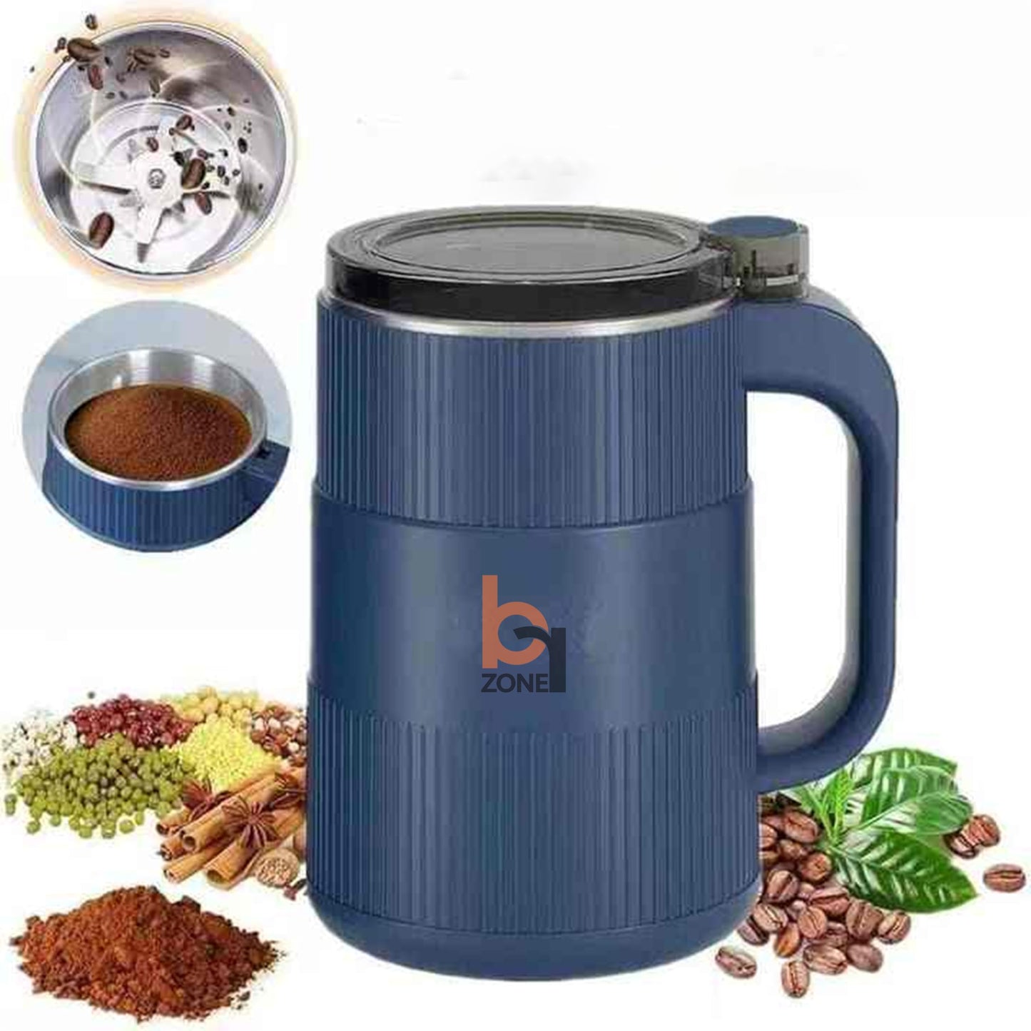 Portable Electric Grinder for Spices, Coffee, Herbs, and Grains – Stainless Steel Mini Mixer Grinder Machine for Kitchen, Home – Small Size Masala Mixer with Powerful Motor (1, Blue Handle Coffee, M)