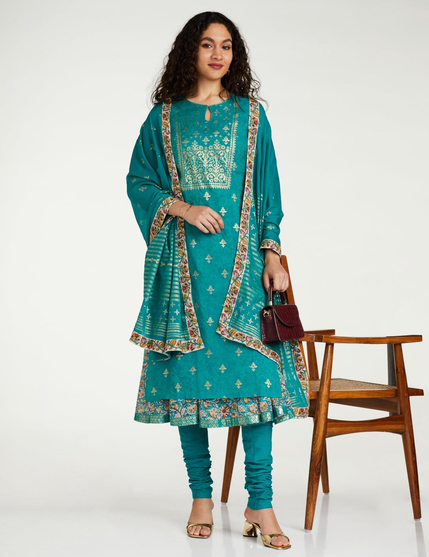 BIBA Women Polyester Blend Printed Layered Salwar Kurta Dupatta(Skdassorted7567E_Turquoise_38)