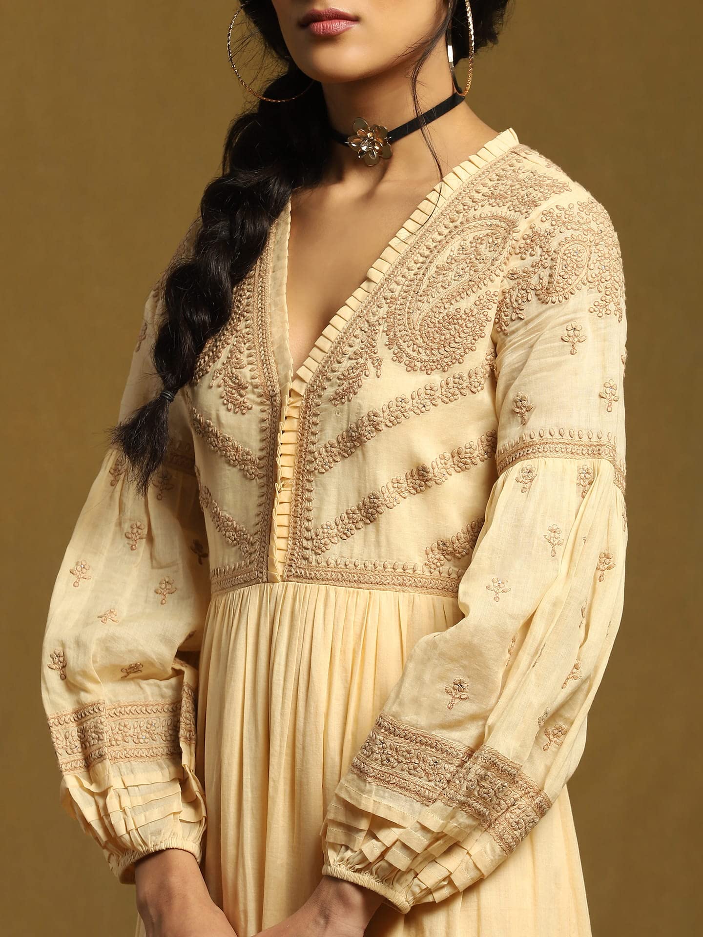 Ritu Kumar Beige Embroidered Tiered Long Dress