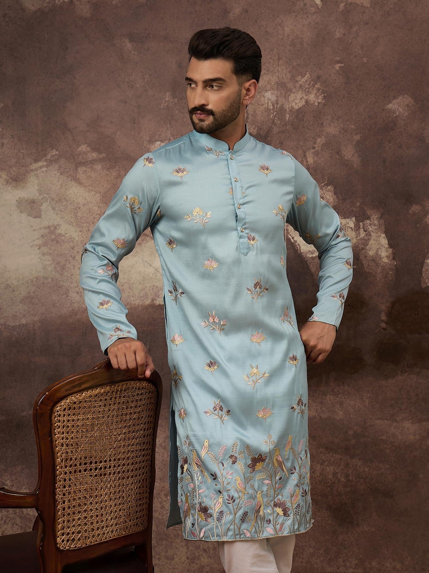Ethnic Bay Men's Silk Blend Embroidered Solid Calf Length Kurtas | Men | Kurtas for Mens | Straight Fit Kurta for Men's Blue