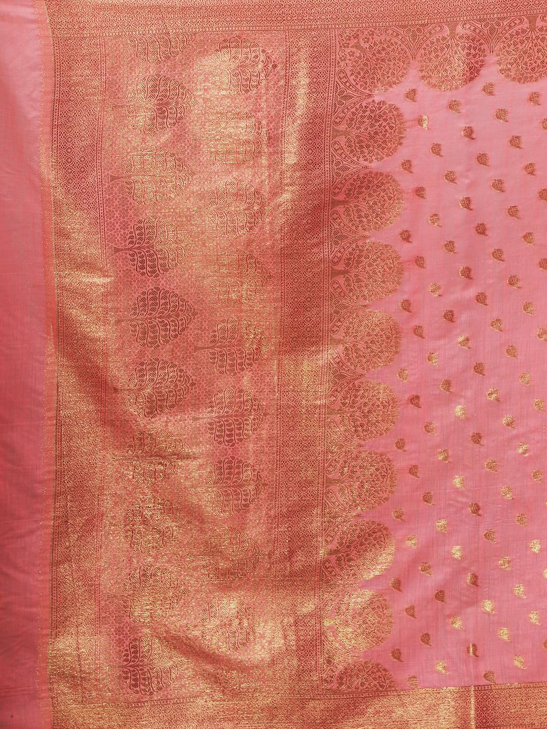 leeza store Women's Pink Cotton Silk Blend Golden Zari Tree Pattern Border Rich Pallu Banarasi Saree With Blouse Piece