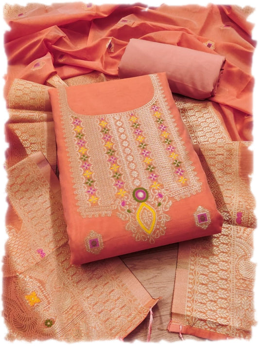SHANTVAN GALLERY Chanderi Suit Pure Chanderi Banarasi Silk (3m)|Soft Cotton Bottom (2.5m)|Chanderi Banarasi Silk Dupatta (2.3m) with Tassels, Unstitched Material,Fits up to 60”,Length48(Peach)