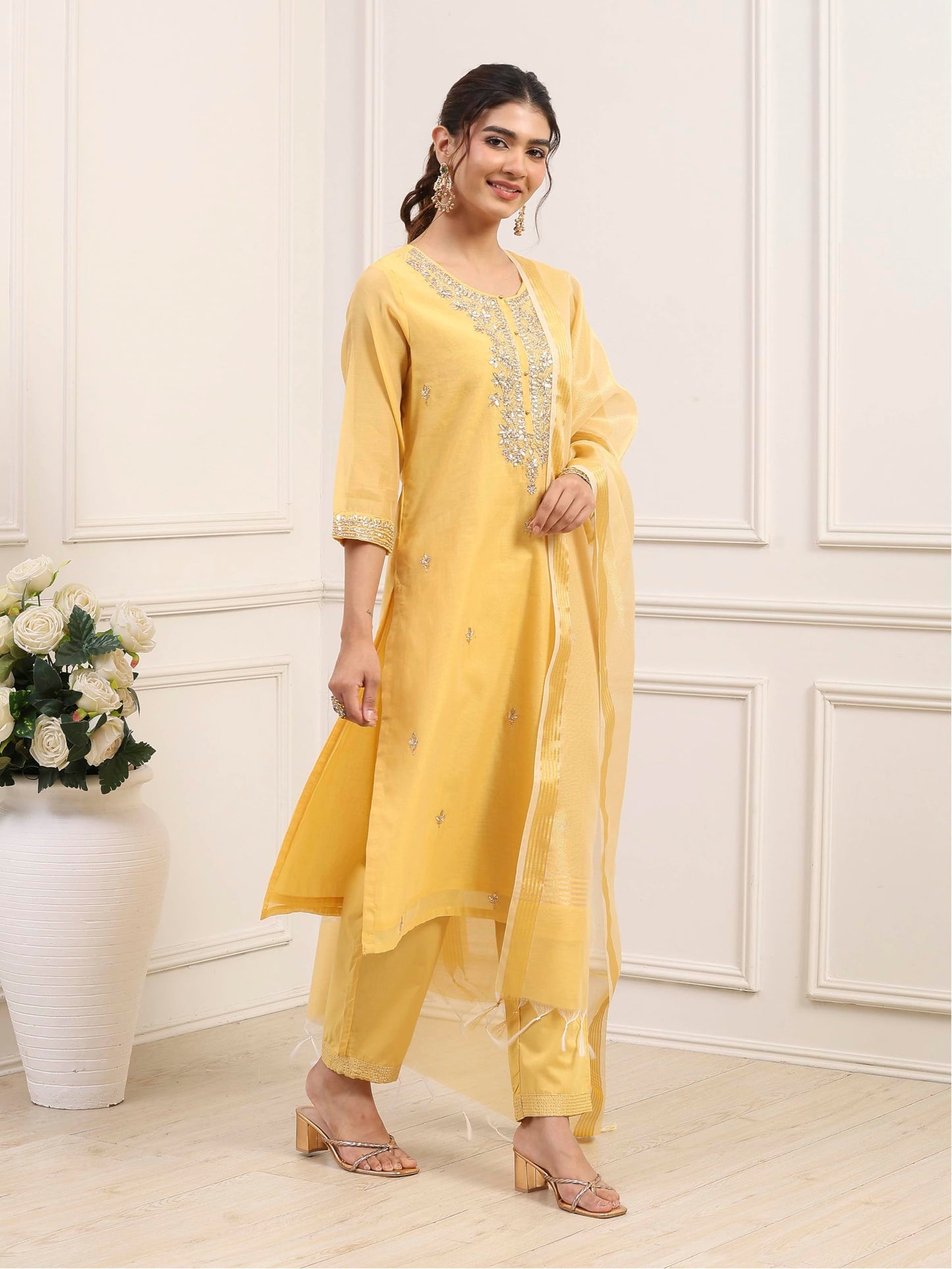 Biba Women Yellow Poly Chanderi Straight Suit Set_34