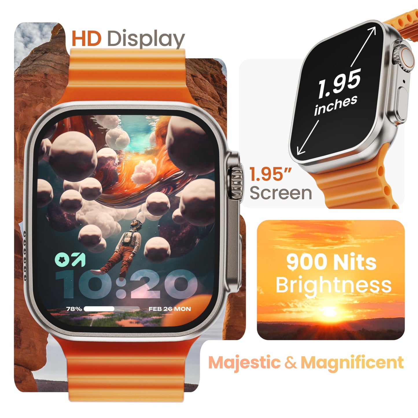 GOBOULT Newly Launched Crown Smart Watch 1.95'' Screen, BT Calling, Working Crown, Zinc Alloy Frame, 900 Nits Brightness, AI Voice Assistant, SpO2 Monitoring, 120+ Sports Mode (Tangerine)