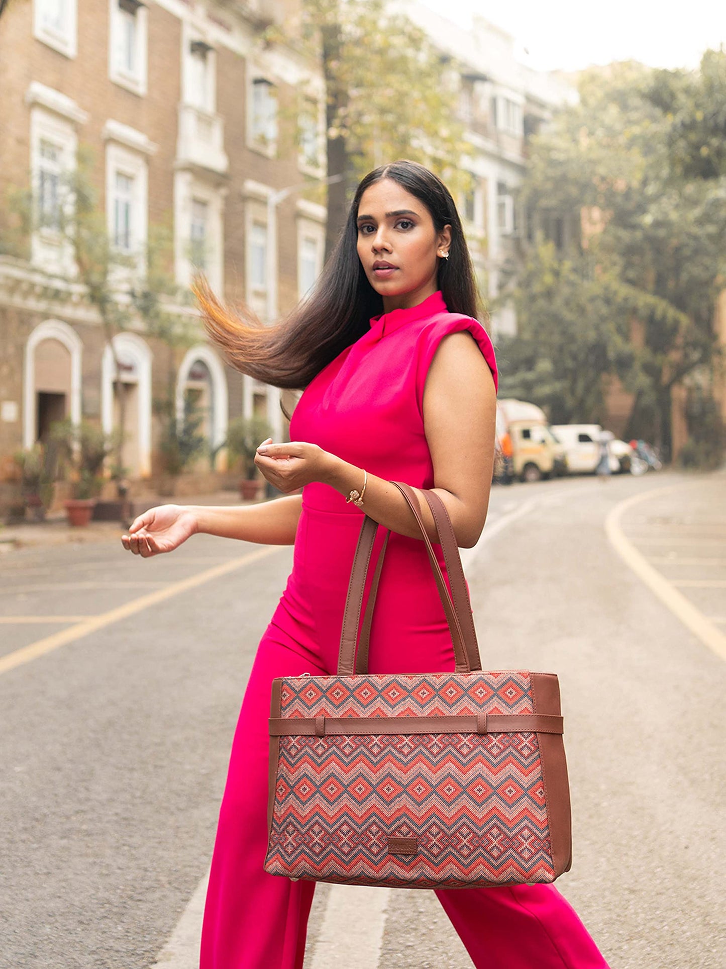 ZOUK Gwalior Weaves Printed Women's Jute Handcrafted Vegan Leather Multicolor Statement Office Shoulder Bag