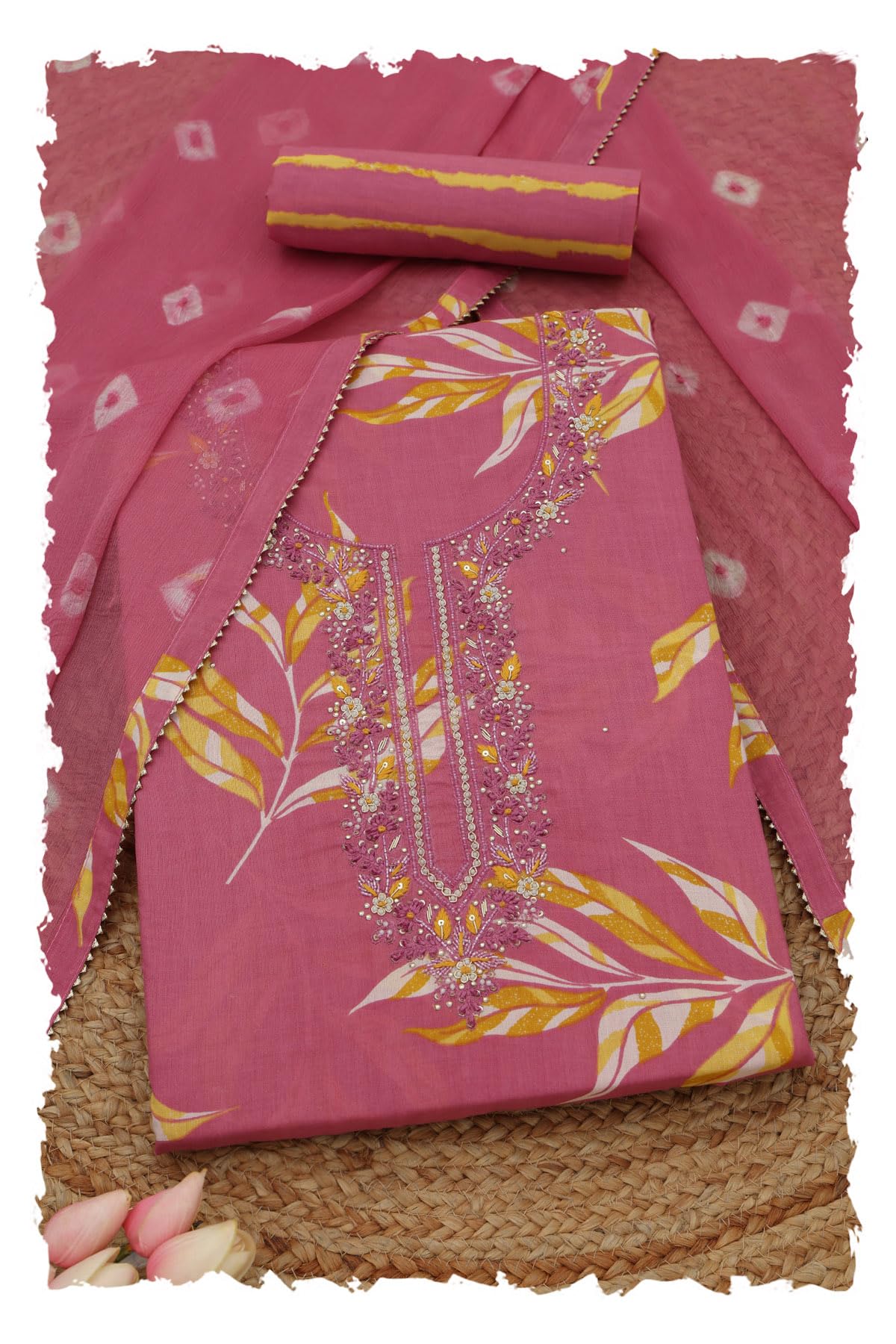 Soch Womens Pink Cotton Floral Dress Material With Beads