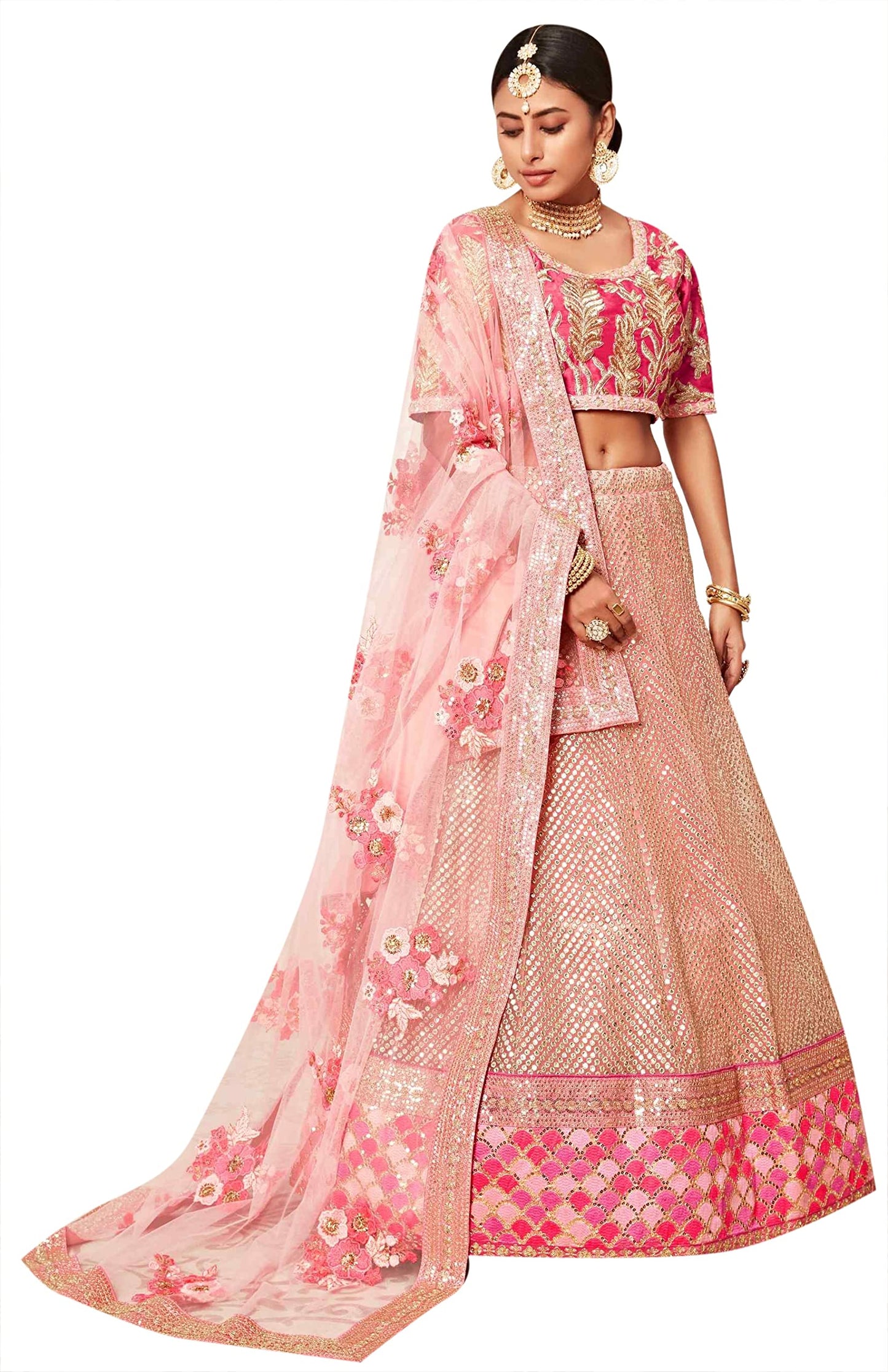 Divine Exim Women's Soft Net Lehenga Choli With Dupatta (PINK_ZCDE7706_Unstitched)