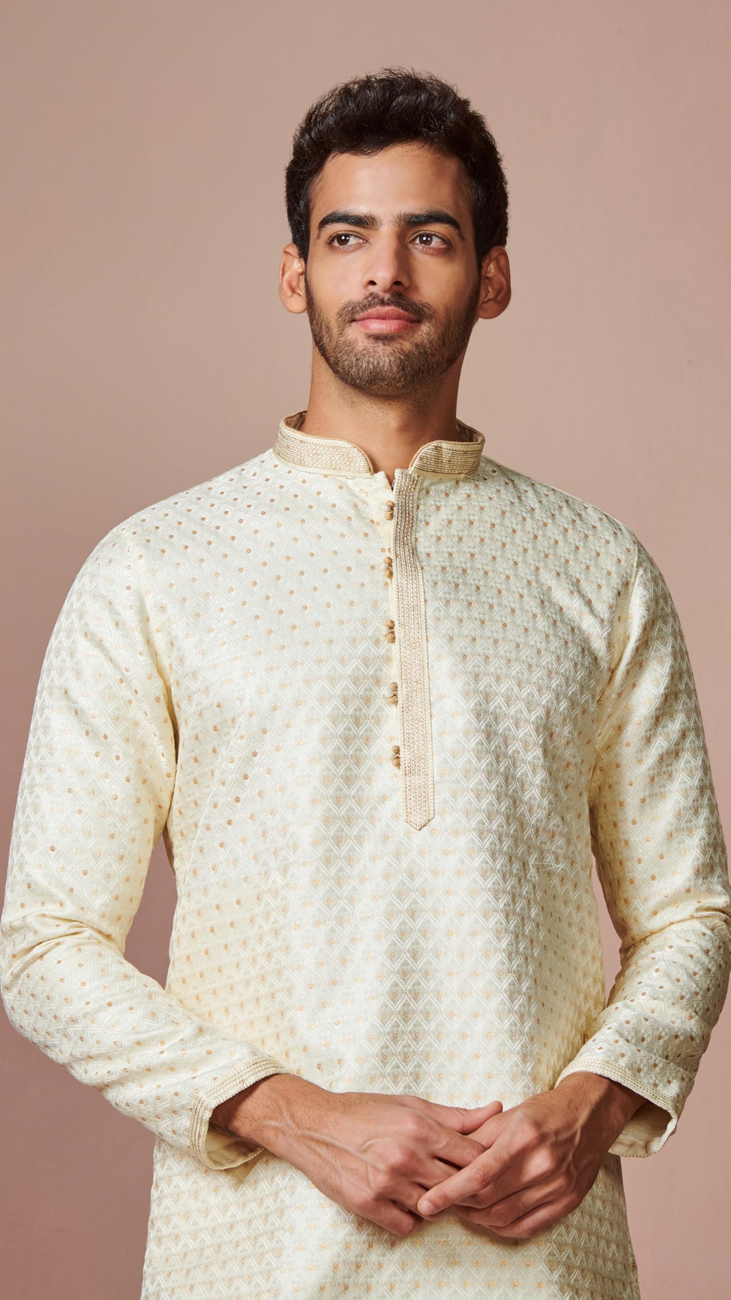 Manyavar Men's Biscuit Jacquard Kurta Set (Beige,XL)