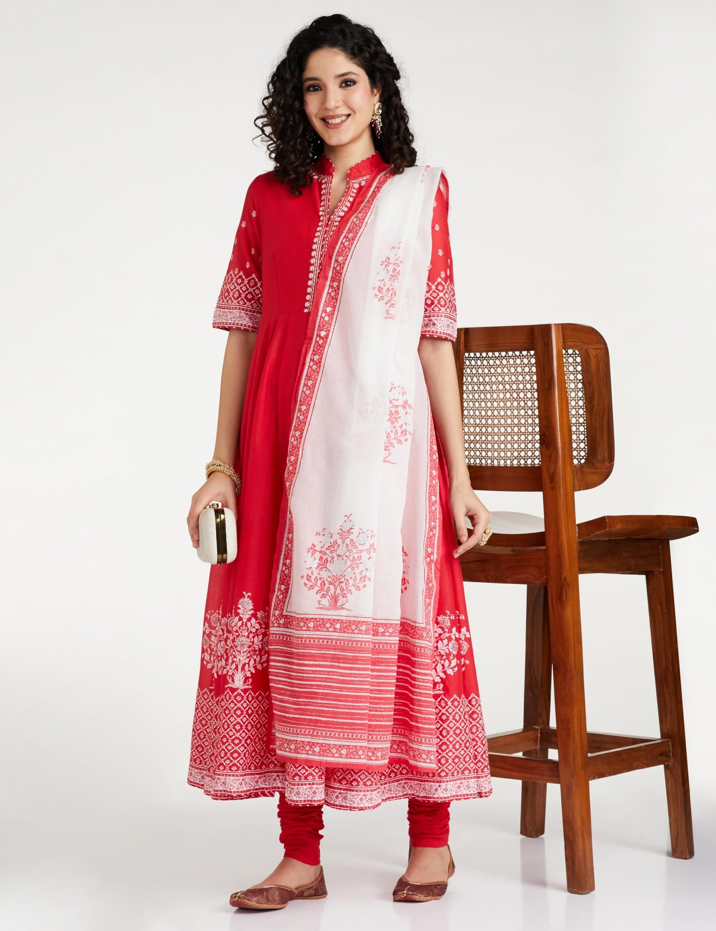 BIBA Wwomen Cotton Printed Anarkali Salwar Kurta Dupatta (SKDASSORTED5919E_Red_40)