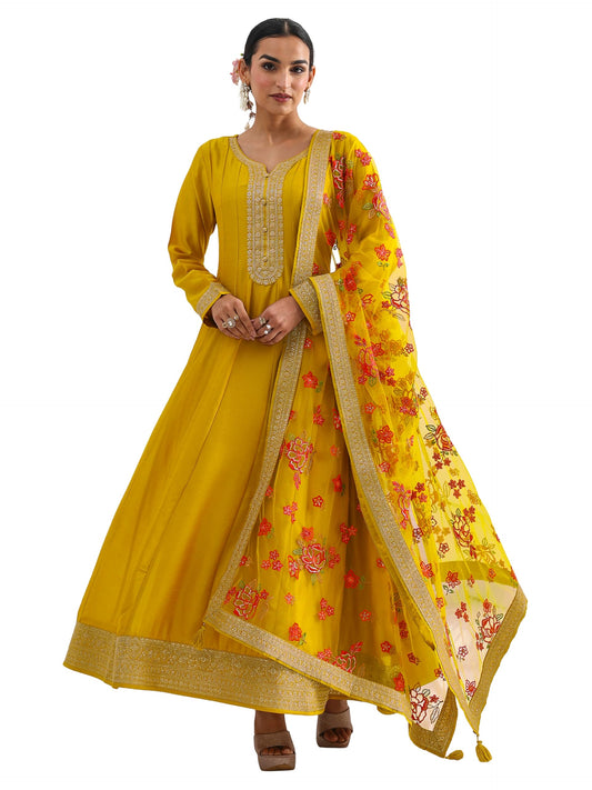 Libas Embroidered Silk Blend A-Line Ethnic Dress with Dupatta-93611XL