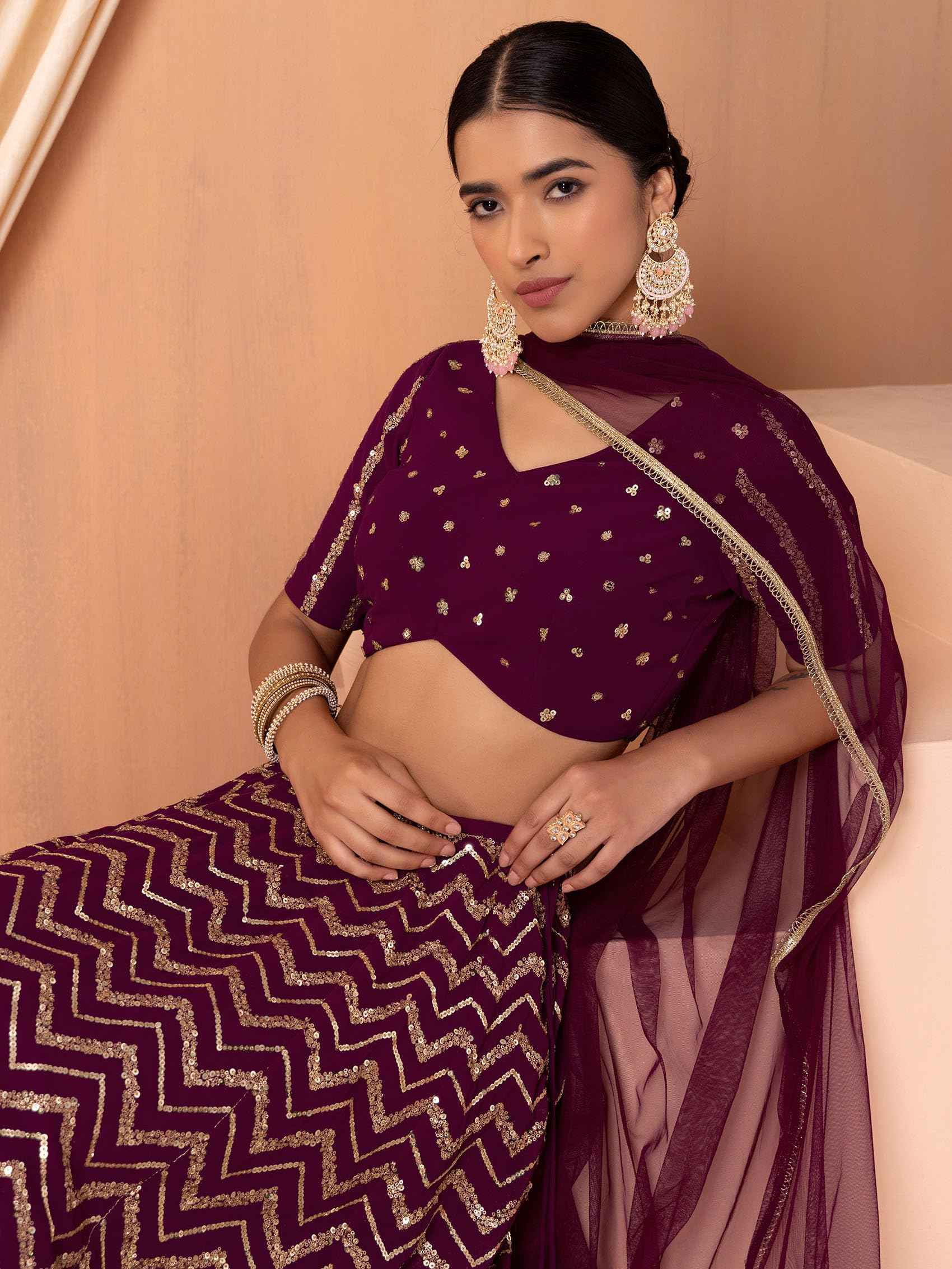Zeel Clothing Women's Sequins Zari Embroidered Georgette Designer Semi Stitched Lehenga Choli With Dupatta (7094-Maroon-Womens-Lehenga-Choli-Latest; Free Size) (Maroon)