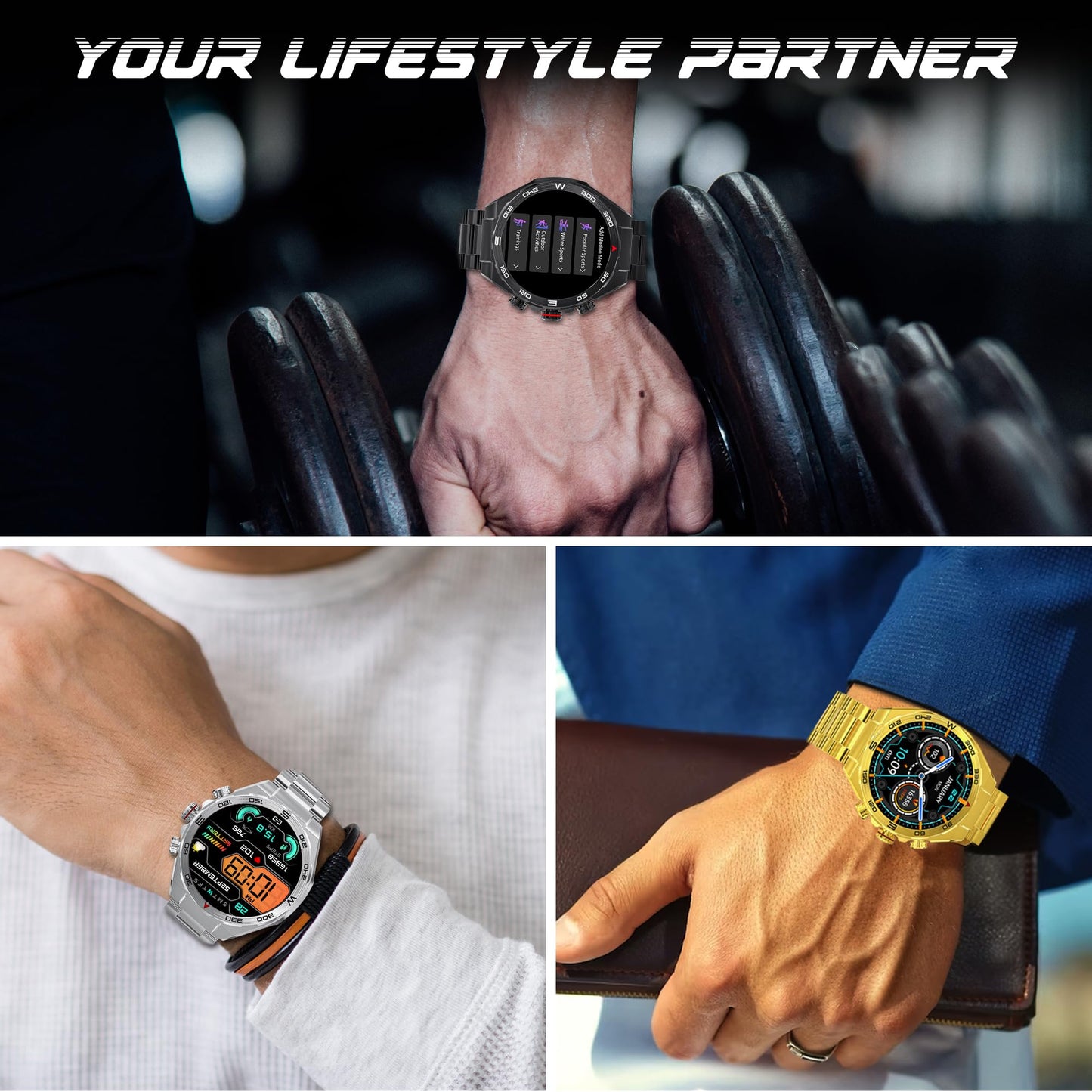 (Refurbished) GIZMORE IKON Luxe 3.93cm (1.55) FHD Display | AOD with 600 NITS I Active Crown & 3 Buttons Control | IP68 | Zinc Alloy Metal Body | 15 Days Battery & 120 Sport Modes I BT Calling Smartwatch (Gold)