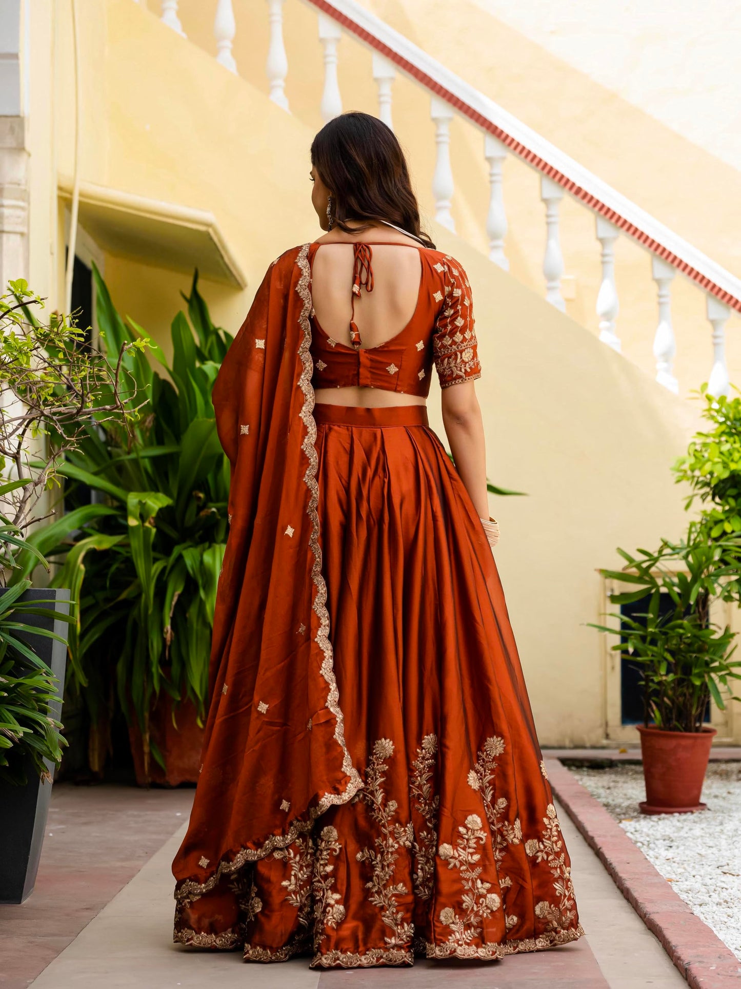 JIHU CULTURE Orange Silk Zari Sequence Embroidery Work Semi Sttiched Lehenga Choli For Women's.