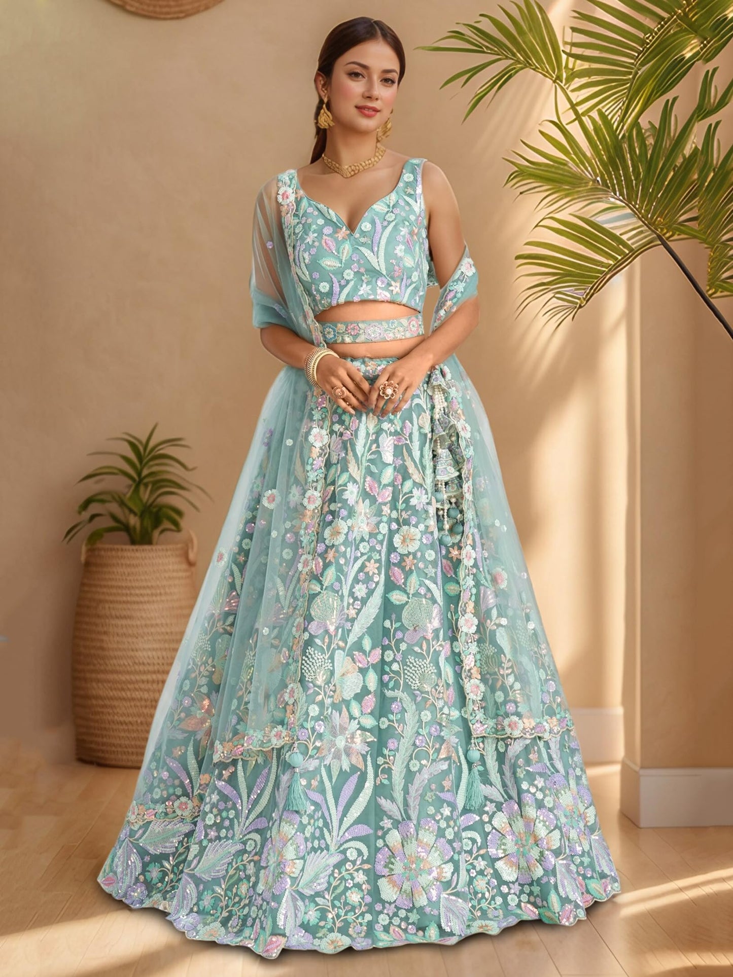 Zeel Clothing Women's Sequins Embroidered Work Soft Net Lehenga Choli With Dupatta (6020-Women-Lehenga-Choli-Latest; Free size) (White) (SkyBlue)