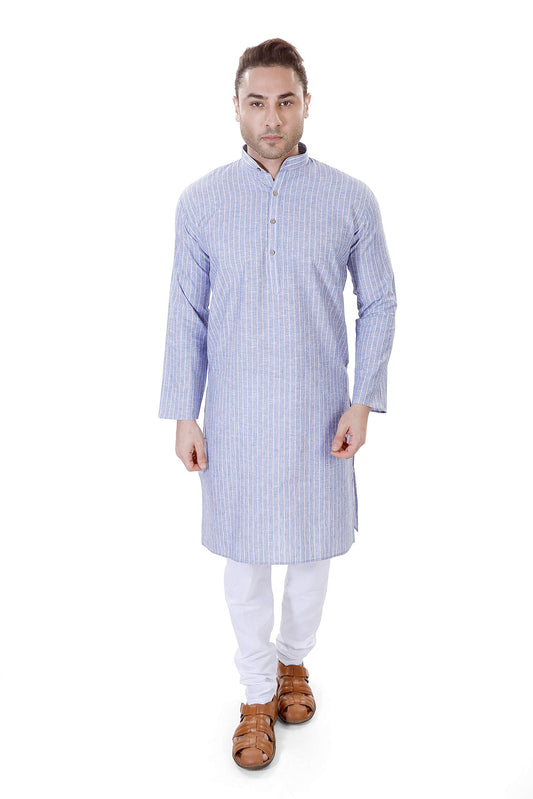 LUCKWIN Cotton Linen Regular Fit, Mandarin Collar, Vertical Stripes Kurta Pyjama Set in Blue for Men [LWKP069-36]