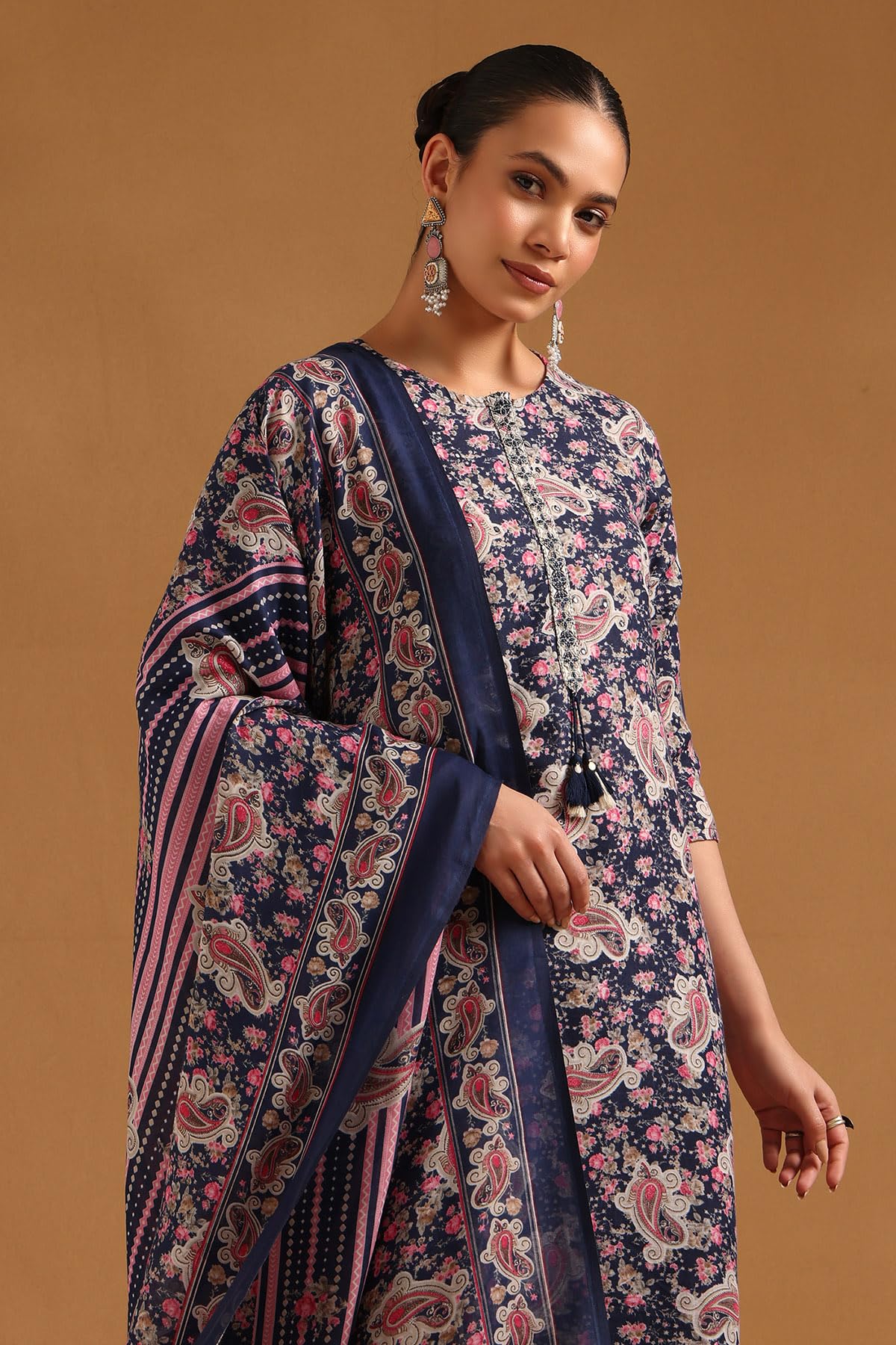 Soch Womens Blue Polyester Paisley Print Salwar Suit With Faux Mirror
