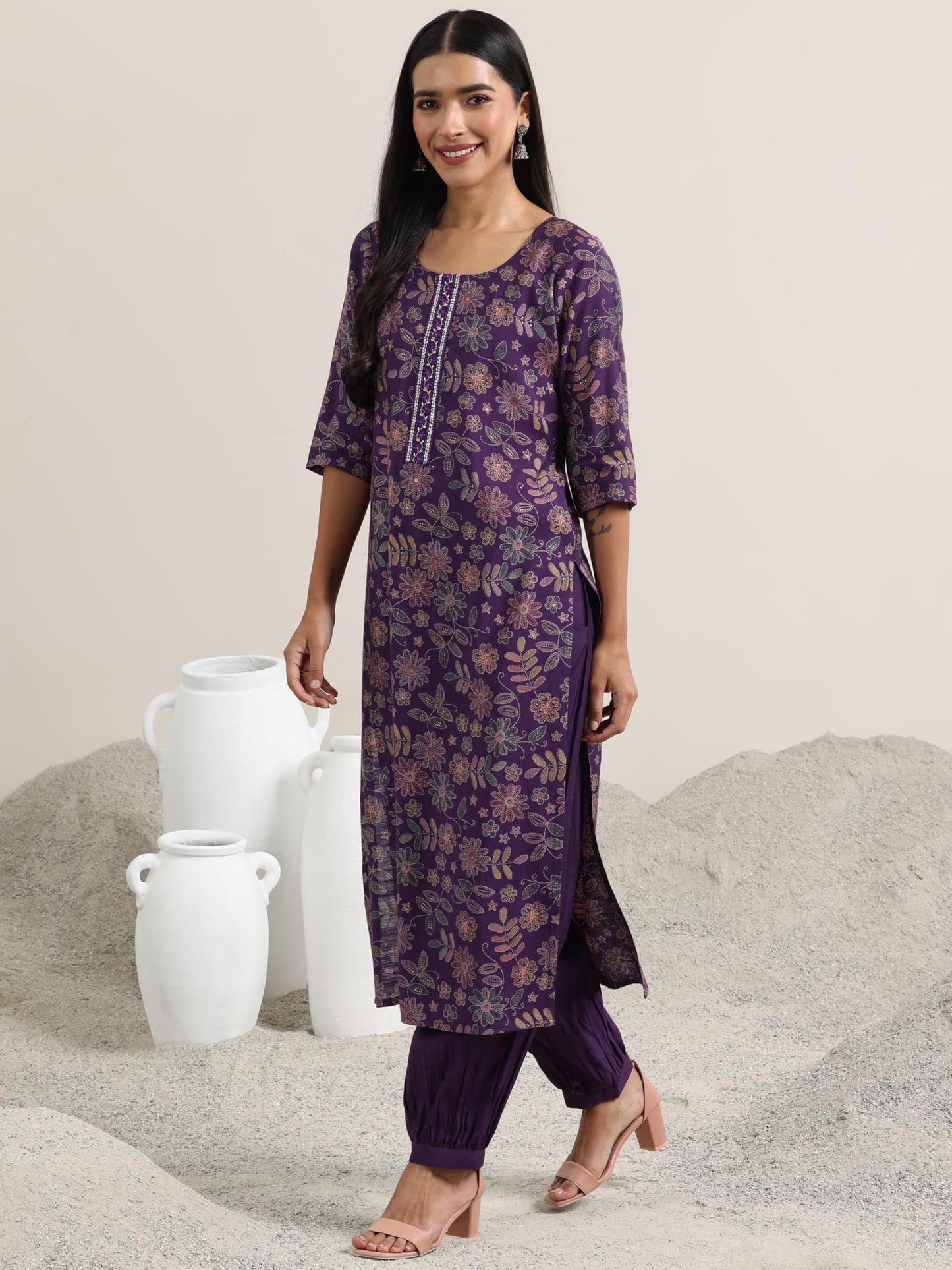 Libas Womens Printed Silk Blend Straight Kurta With Salwar and Dupatta