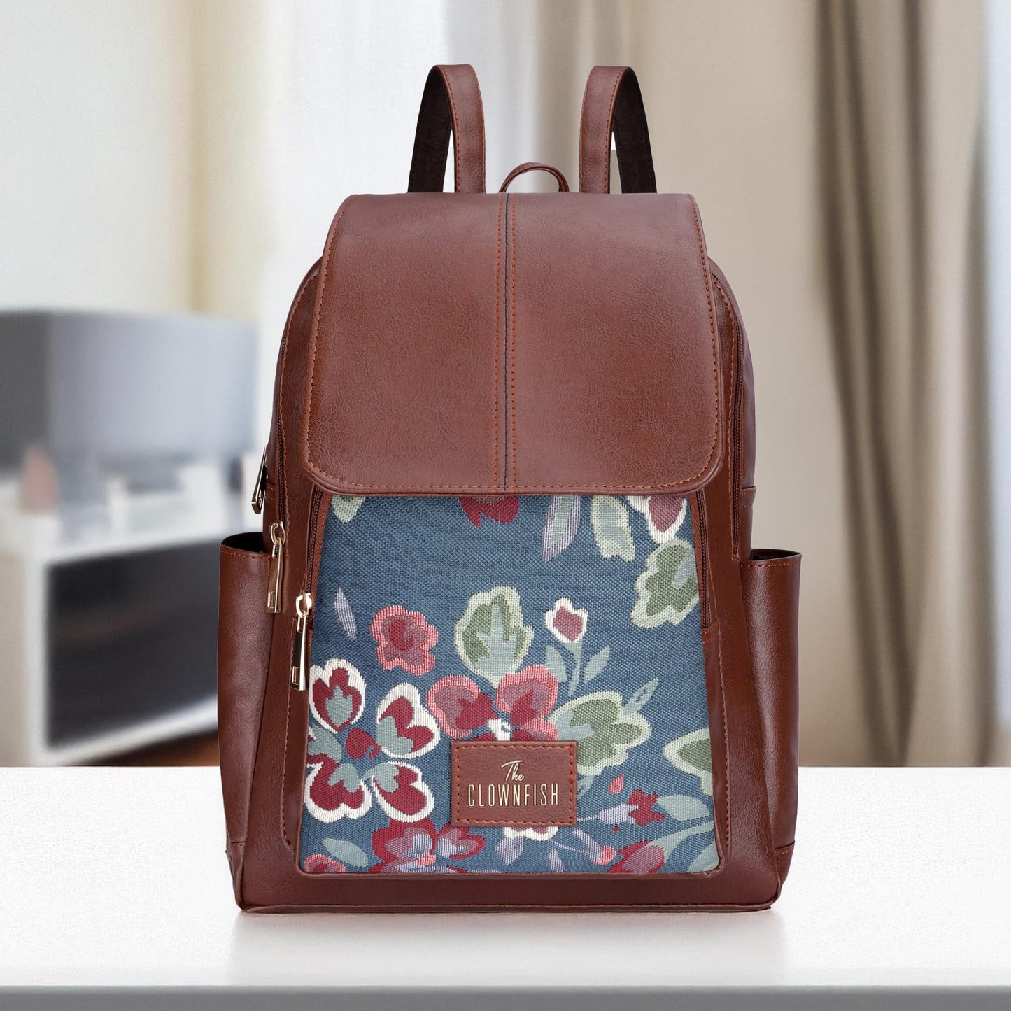 THE CLOWNFISH Minerva Faux Leather & Tapestry Women's Standard Backpack College School Bag Casual Travel Standard Backpack For Ladies Girls (Persian Blue- Floral), 10 Litre