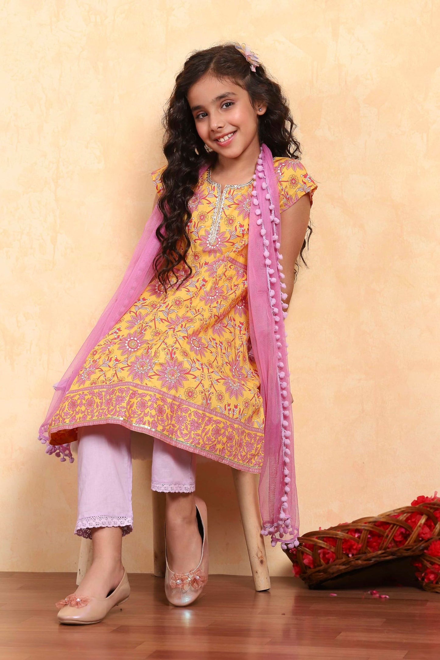 Biba Girl's Yellow Cotton Flared Printed Suit Set