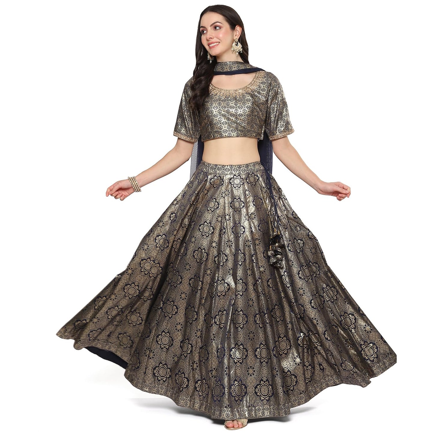 BIBA Women Printed Straight Polyester Readymade Lehenga Set (Skdassorted8935_Navy Blue_42)
