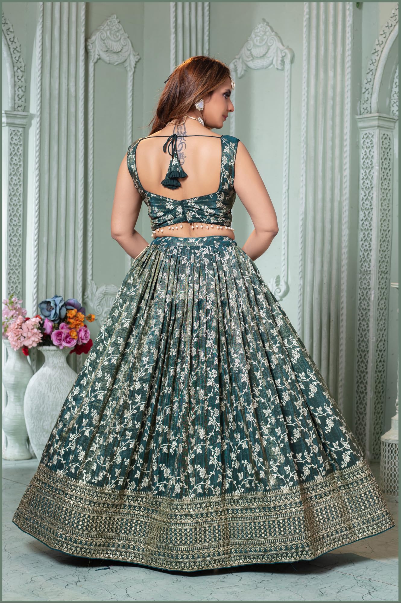 ADHIA Women's Embroidered Lehenga Choli with Dupatta | Silk Blend Wedding Lehenga Set | Traditional Indian Dress (Lehenga, Dupatta, Blouse, Teal Blue, Size - L)