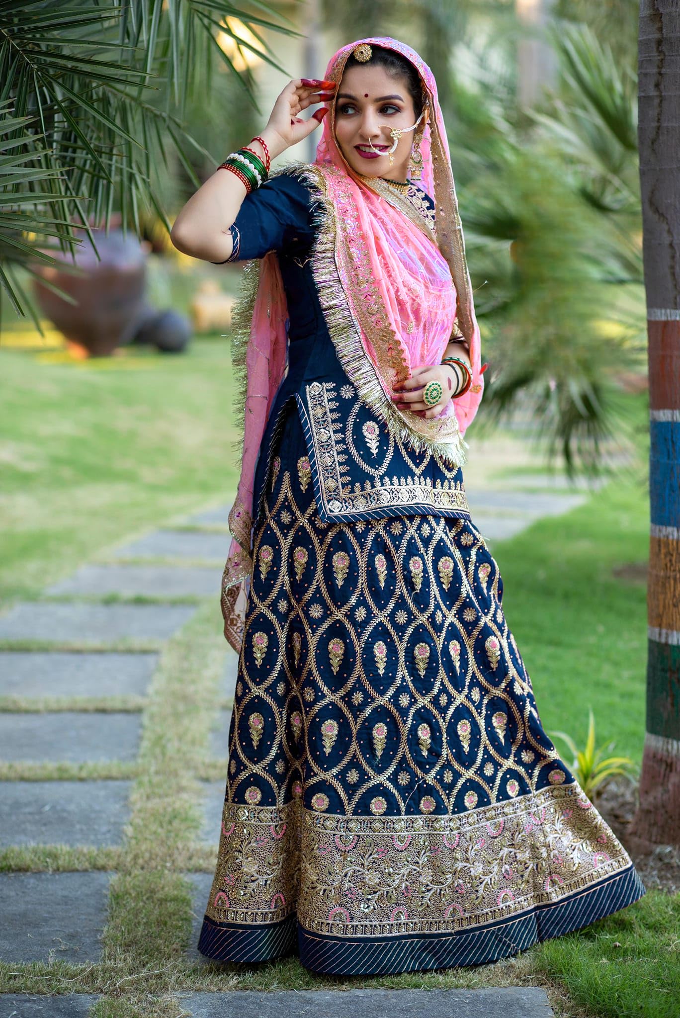 SHYAMLATA Women's Traditional Sequins And Zari Embroidered Rajasthani and Gujarati Lehenga Choli (Light Blue)