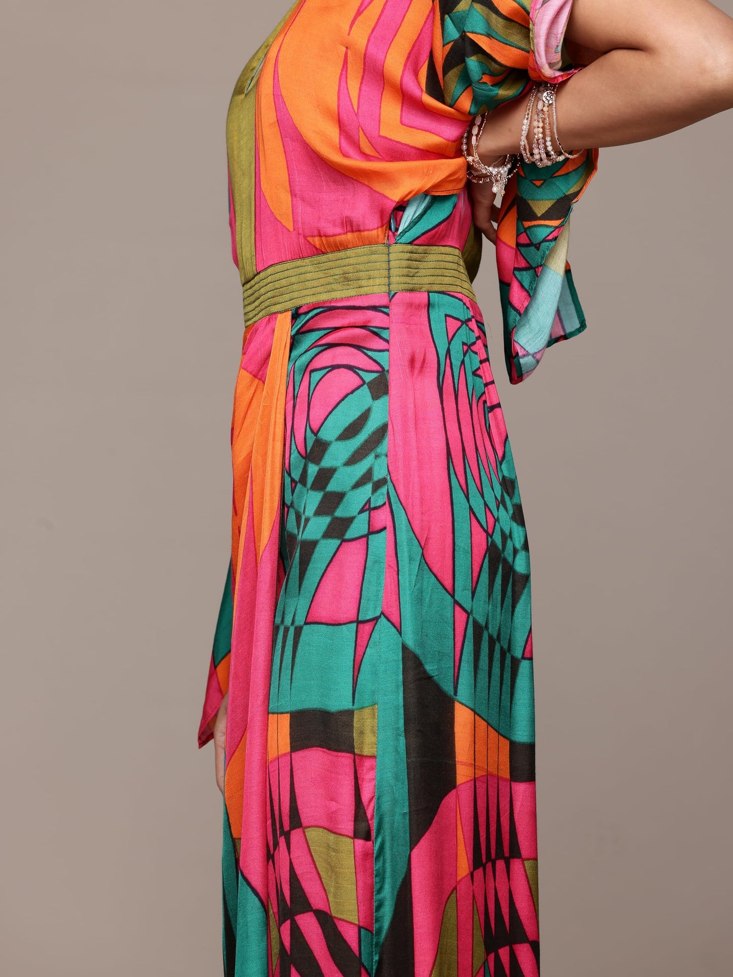 Ritu Kumar Round Neck Half Sleeves Long Dress Multicolour