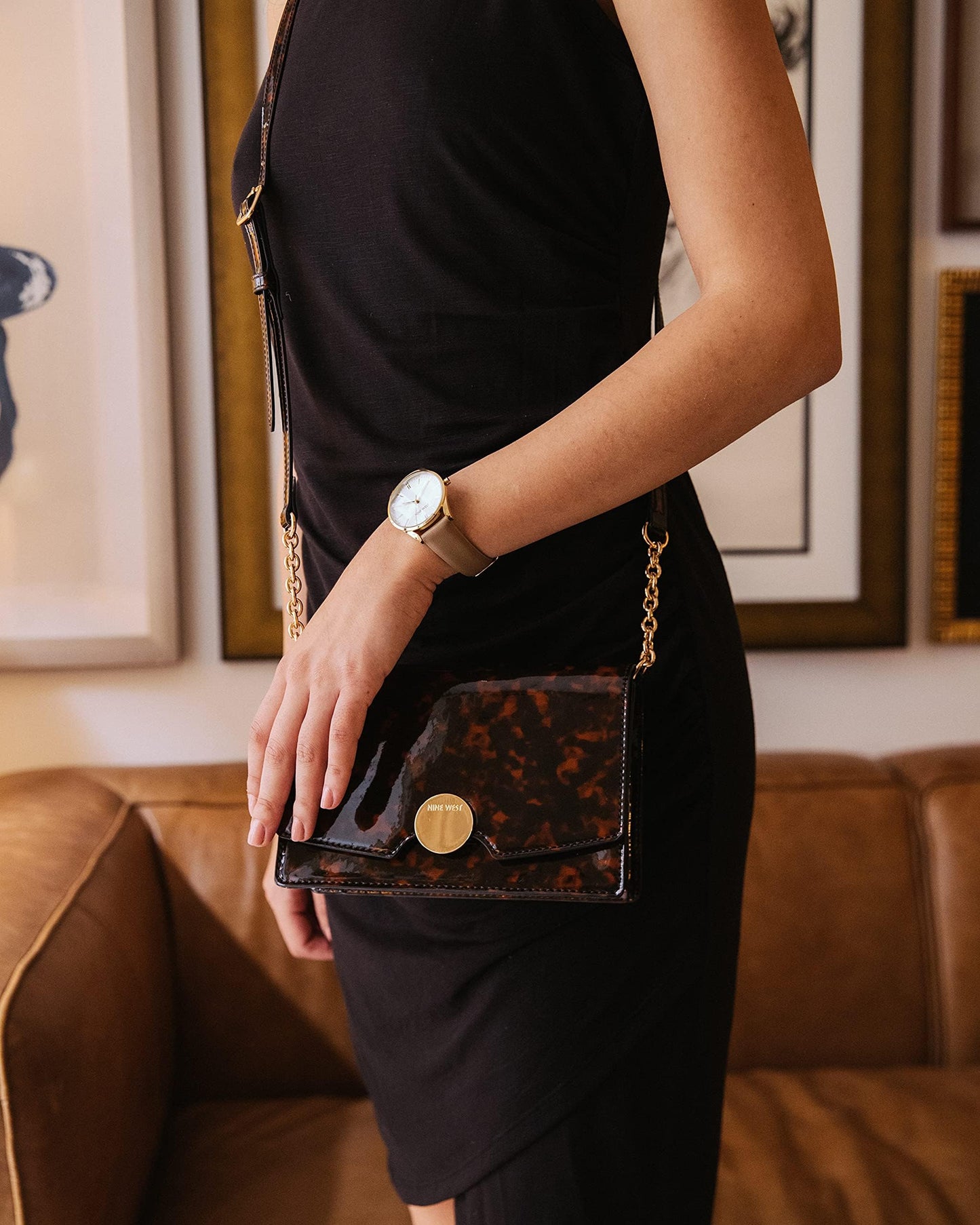 Nine West Women's Analog Quartz Dress Watch, Faux Leather Strap, Scratch-Resistant, Gold-Tone Hands, Brown, Model NW/1994SVTN