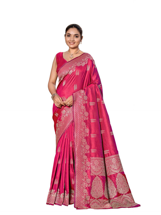 MANOHARI Women's Most Trendy Banarasi Woven Pink Saree With Heavy Jacquard Work Saree With Blouse Piece