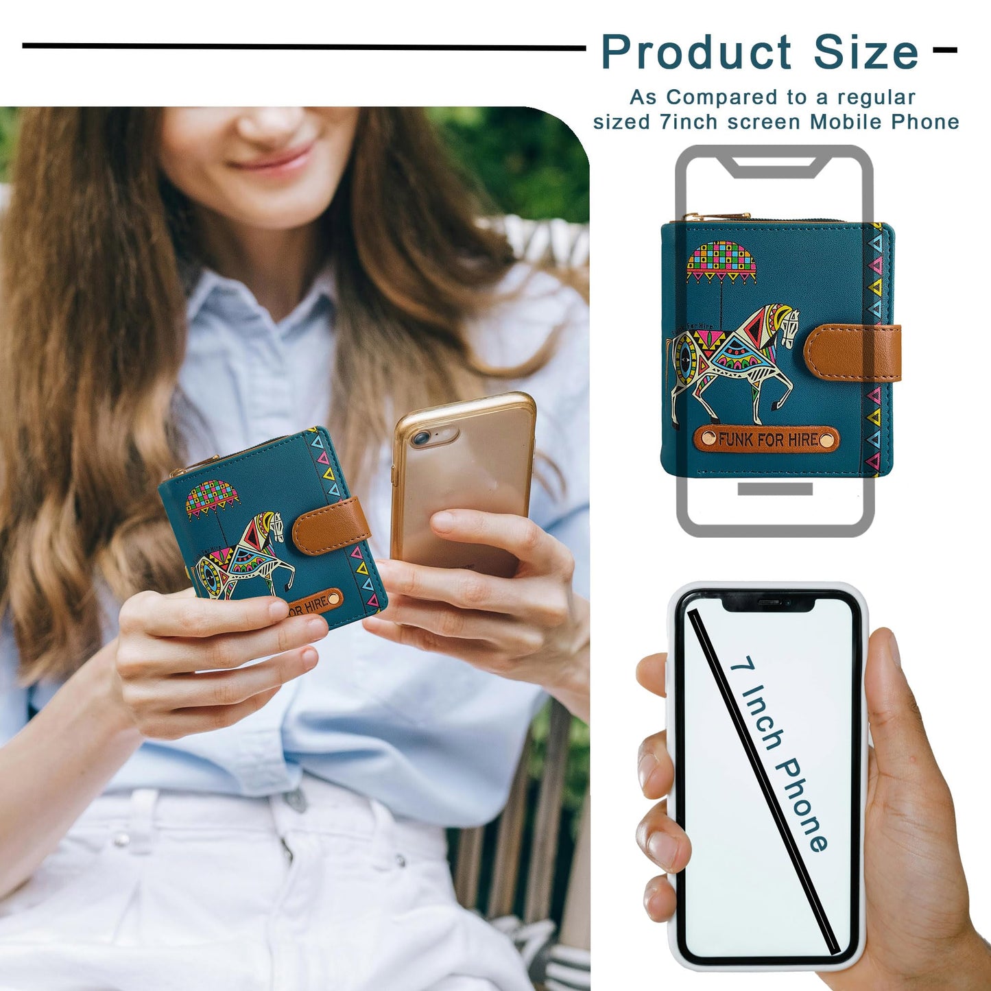 Funk For Hire Women’s Compact Wallet in Petrol Blue – Stylish Cartoon Print Leatherette Purse with Card Slots, Coin Pocket & Magnetic Closure – Handcrafted in India