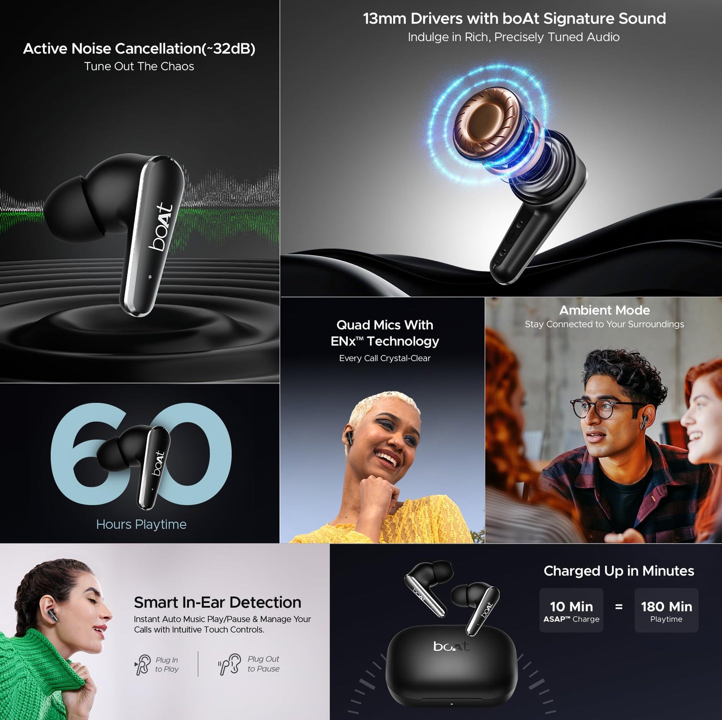 boAt Airdopes 280 ANC, Active Noise Cancellation(~32dB), 60Hrs Battery, 13mm Drivers, 4Mics ENx, Fast Charge, IPX5, v5.3 Bluetooth Earbuds, TWS Ear Buds Wireless Earphones with mic (Active Black)