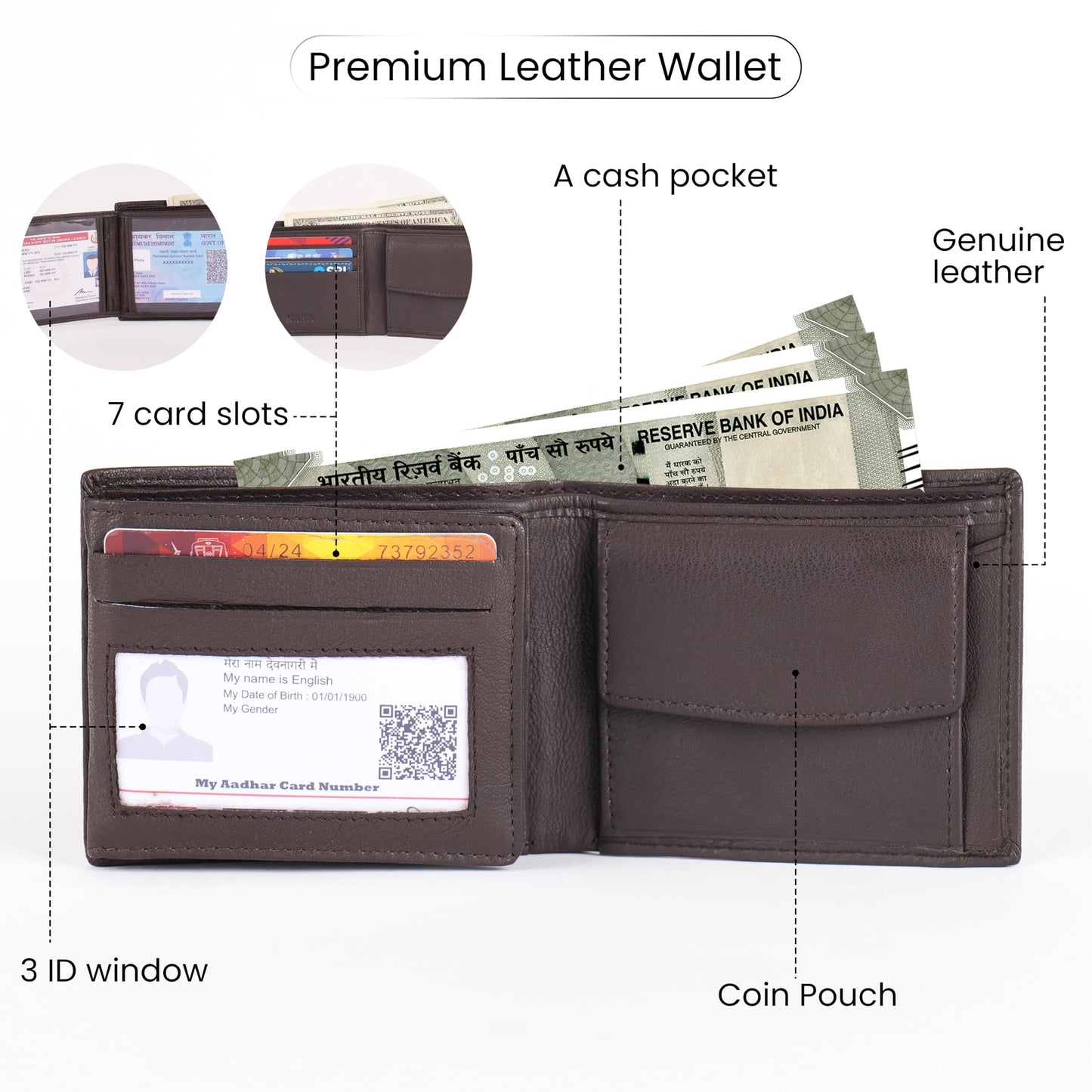 KARA Brown Men's Genuine Leather Wallet – Bifold, 2 Cash Compartments, Coin Pocket, 10+ Card Slots, Hidden & Transparent Flip Sections