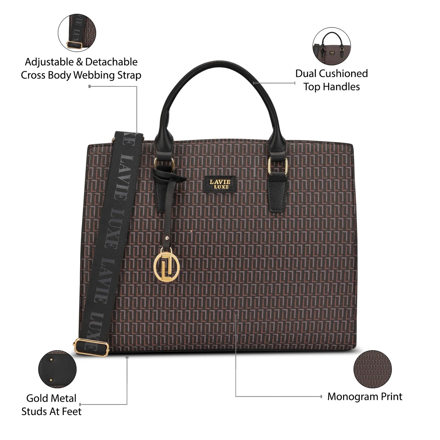 Lavie Luxe Women's Ellon25 Monogram Laptop Satchel Handbag for Women | Fits Upto 15 Inch Laptop | Laptop Bag for Work | Ladies purse | Stylish Shoulder Bag | Gift For Women