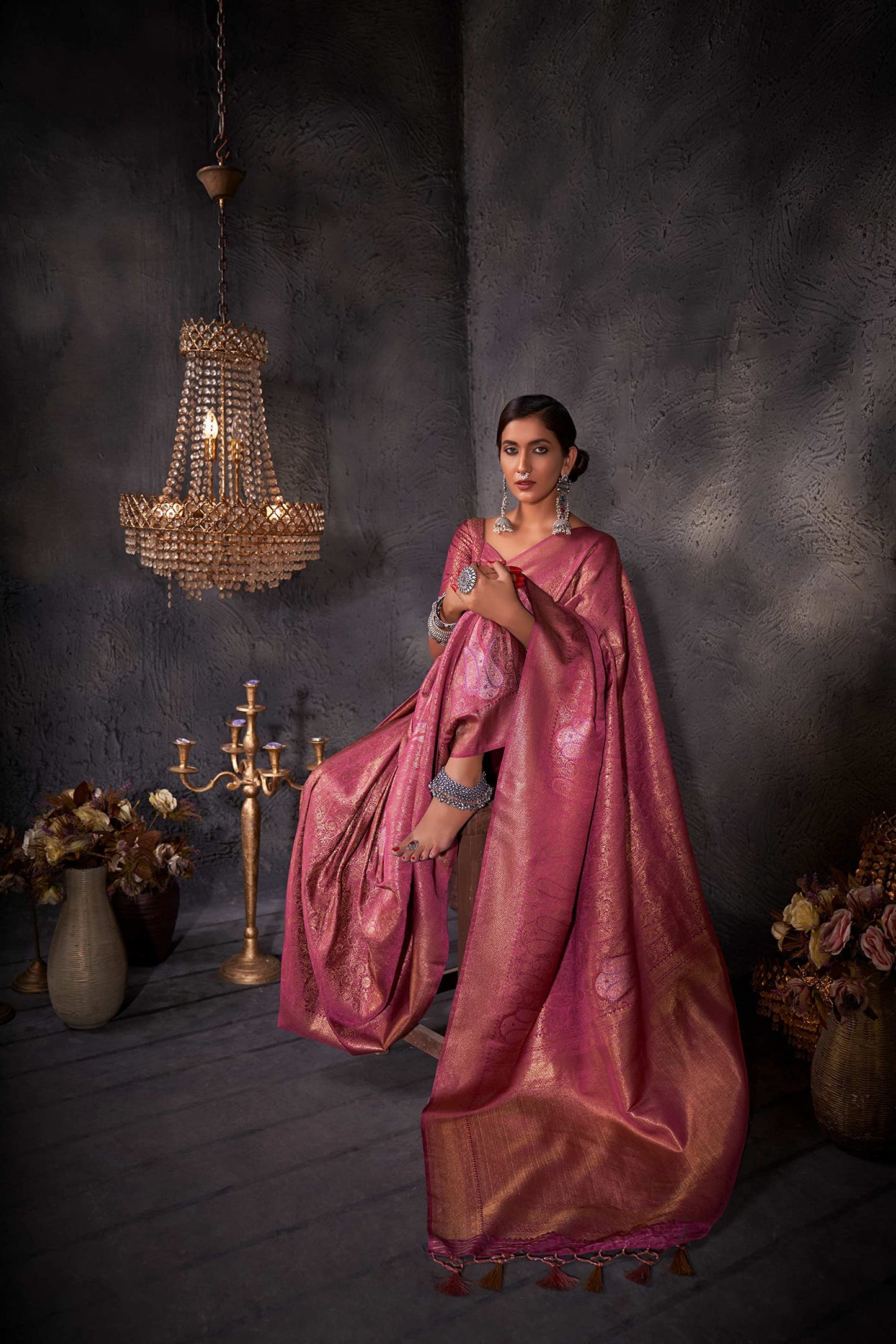 Vardha Women's Kanchipuram Art Silk Saree with Unstitched Blouse Piece - Gold Copper Silver Zari Woven Work Sarees for Wedding (Ayana Silk_538)