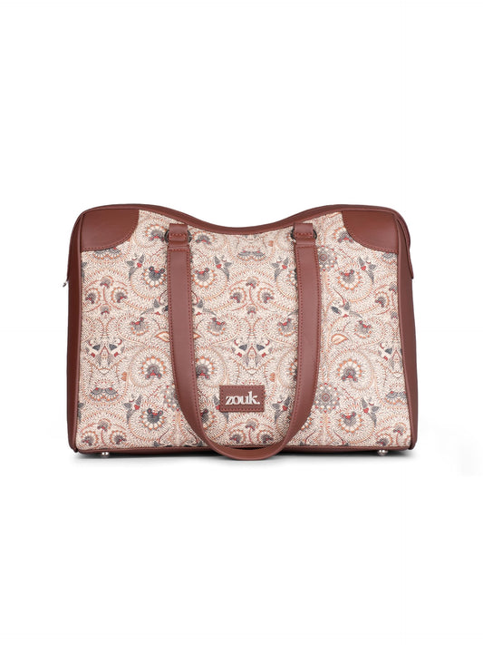 ZOUK Pedana Kalamkari Conference Office Bag | Jute | Vegan Leather Handcrafted Tote Bag Ideal for Work Office With Double Handle Straps | Yellow ochre