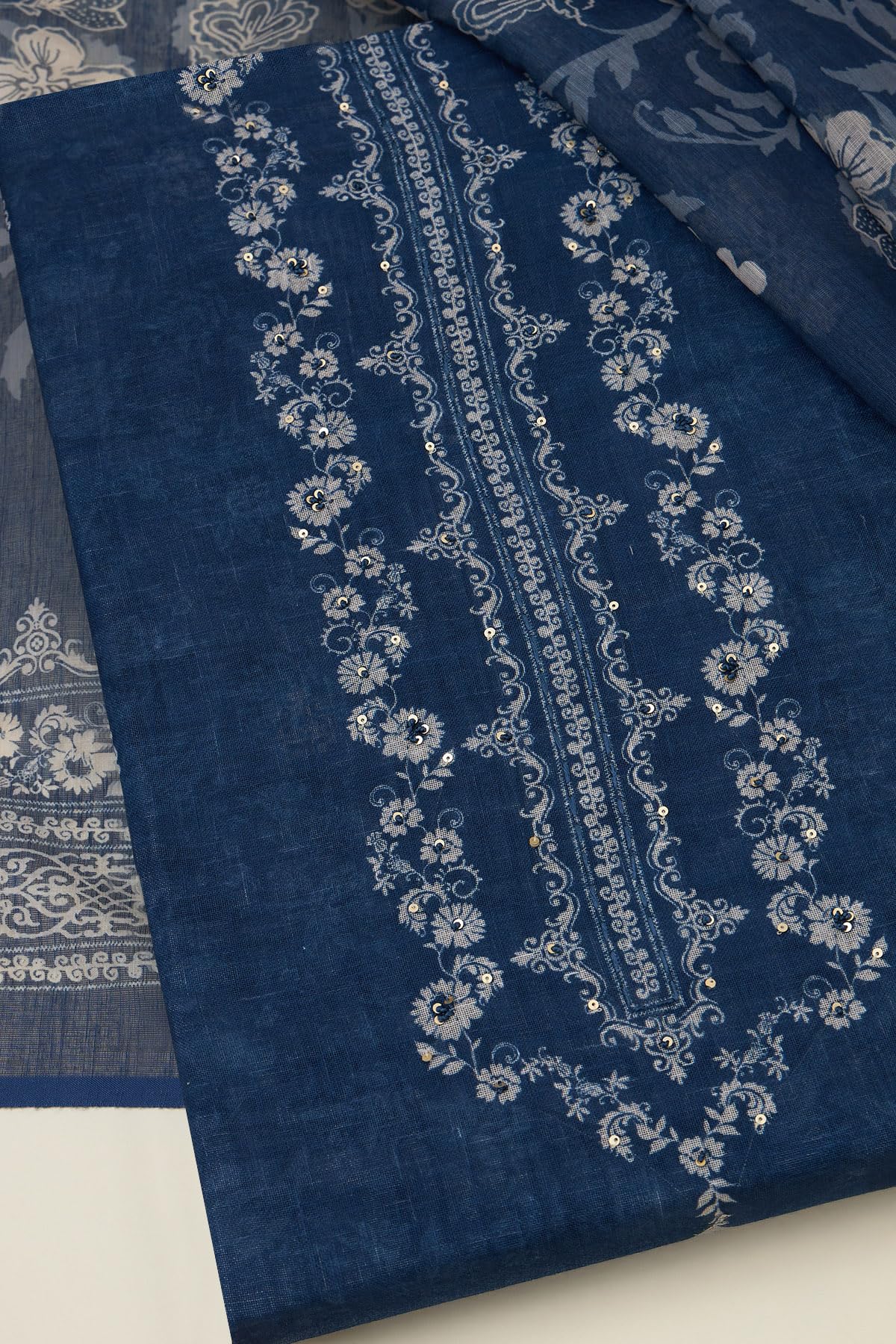 Soch Womens Navy Blue Linen Floral Print Unstitched Dress Material With Sequins