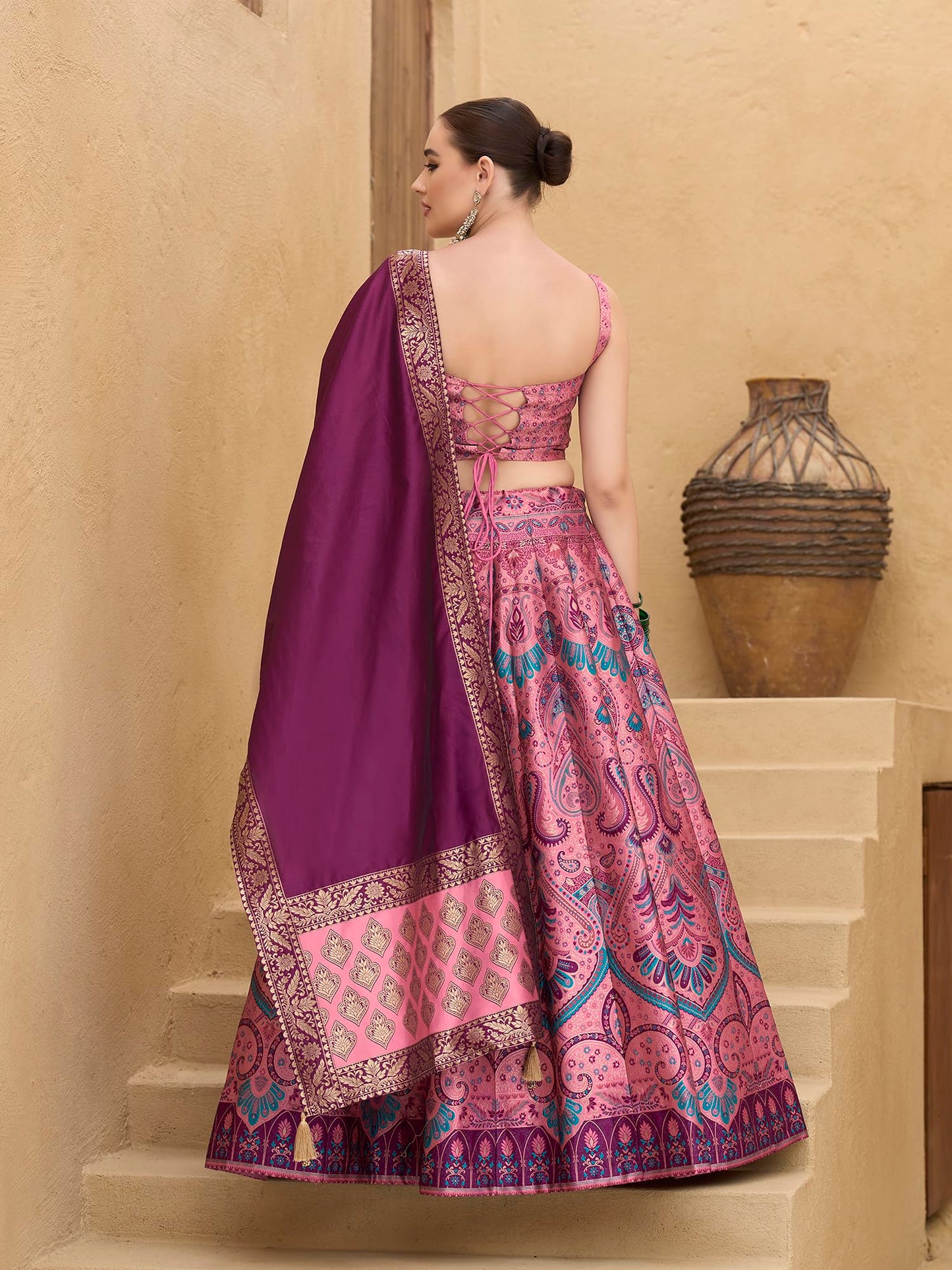 PURVAJA Women's Kanjiwaram Semi-Stitched Lehenga choli (Lazya-Pink_Free Size)