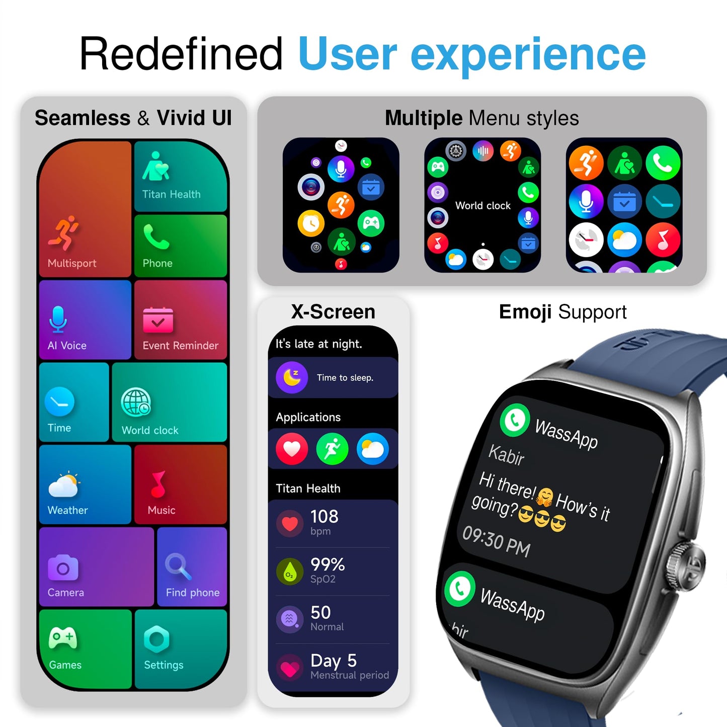 Titan Evolution Smart Watch, 1.85” AMOLED Display, 390 * 450 Pixel Resolution, SingleSync BT Calling, AI Voice Assistant, 100+ Sports Modes & Smartwatch Faces, Upto 7 Day Battery, IP68 (Black)